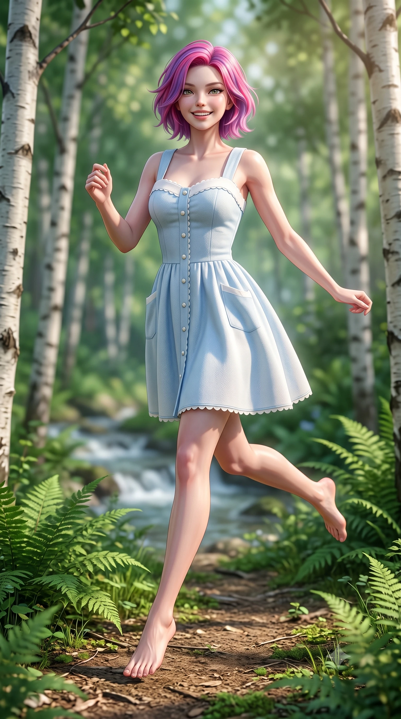 score_9, masterpiece, best quality, ultra-detailed, high-budget anime keyframe, semi-realistic 3D game render, editorial fashion photography, tasteful artistic composition, Caucasian woman. low angle full-body shot from head to toe showing her feet, filling the entire 9:16 vertical frame with her statuesque presence, stretching her vertical silhouette. leaping with lighthearted youthful energy across the natural path with a dazzling bright smile and balanced athletic poise while strolling happily along a sun-dappled forest path surrounded by slender white birch trunks and lush emerald ferns. The composition keeps background elements in soft focus with creamy bokeh. babbling brook currents and lush fern undergrowth softened by gentle shallow depth of field. She has an absolutely perfect, statuesque 8.5-heads proportion, an exceptionally tall and slender model-like female figure with impossibly long slender legs, a toned flat midriff, and an ultra-slim waist. sharp v-shaped jawline, high-bridge nose, intricate jewel-like eyes with depth, thick eyelashes, glossy lips with a natural sheen, pure and lovely fresh girlhood expression, flawlessly proportioned anatomical accuracy, strict slender model proportions, natural body alignment, perfectly sculpted long slender limbs, ultra-slim waistline, clean dynamic posture without body distortion. wearing a vintage-inspired button-front cotton sundress with wide shoulder straps and side pockets in gentle baby blue and cloud white, tailored from soft pastel lightweight wool blend with subtle texture, finished with delicate scallop trims and tiny pearl buttons, the body-hugging lightweight knit clinging delicately to her slender torso, accentuating her graceful neck and feminine lines. surrounded by a pure, healing, and magically enchanting forest fairy maiden aura. highly saturated vibrant anime colors, detailed shading with soft gradients, rich glossy textures, high-contrast stereoscopic depth, volumetric dynamic lighting, master piece, 9:16 ratio