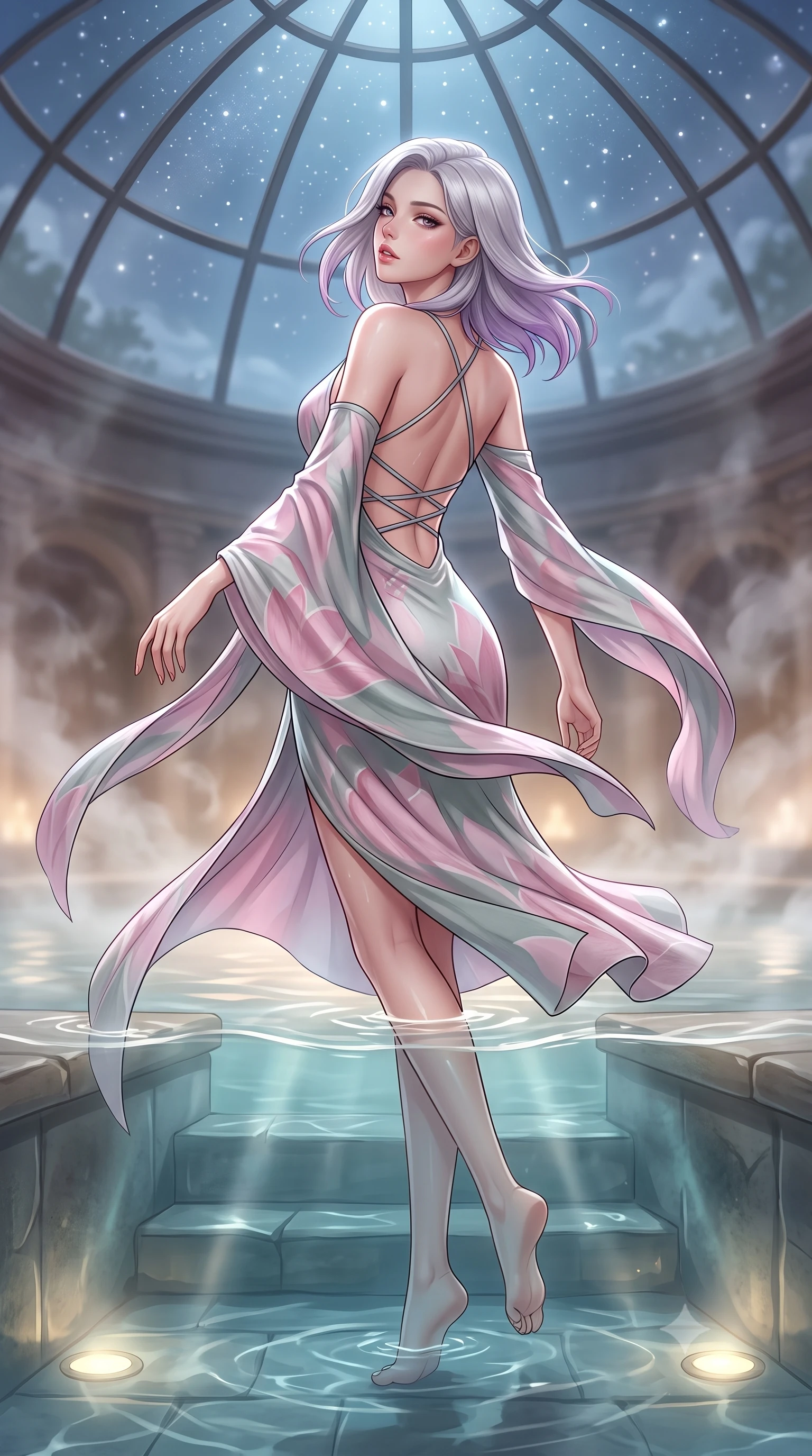 score_9, masterpiece, best quality, ultra-detailed, high-budget anime keyframe, semi-realistic 3D game render, editorial fashion photography, tasteful artistic composition, Caucasian woman. low angle full-body shot from head to toe showing her feet, filling the entire 9:16 vertical frame with her statuesque presence, stretching her vertical silhouette. executing an elegant mid-motion pivot turn as garments swirl around her slender limbs, glancing over her shoulder with an intoxicating bedroom-gaze while resting on a submerged stone bench as warm water laps at her waist, head tilted back toward the starry glass dome with parted lips. The composition keeps background elements in soft focus with creamy bokeh. steaming pool water vapors and curved Victorian iron ribs softened in dreamy shallow focus. She has an absolutely perfect, statuesque 8.5-heads proportion, an exceptionally tall and slender model-like female figure with impossibly long slender legs, a toned flat midriff, an ultra-slim waist, and beautifully sculpted feminine hips. sharp v-shaped jawline, high-bridge nose, intricate jewel-like eyes with depth, thick eyelashes, glossy parted lips with a natural sheen, intensely captivating and seductive bedroom-eyes expression, flawlessly proportioned anatomical accuracy, strict slender model proportions, natural body alignment, perfectly sculpted long slender limbs, ultra-slim waistline, clean dynamic posture without body distortion. wearing a traditional-modern silk fusion wrap dress with asymmetric trailing sleeves and waist-cinching obi in lotus petal pink and jade mist, crafted from breathable crinkled linen and lightweight modal knit, finished with criss-cross back straps highlighting her graceful bare spine, the precision-cut side openings and low-back scoop framing her graceful spine and the sensual sweep of her hips. bathed in cool silver moonlight filtering through the glass dome and warm underwater pool uplights. highly saturated vibrant anime colors, detailed shading with soft gradients, rich glossy textures, high-contrast stereoscopic depth, volumetric dynamic lighting, master piece, 9:16 ratio