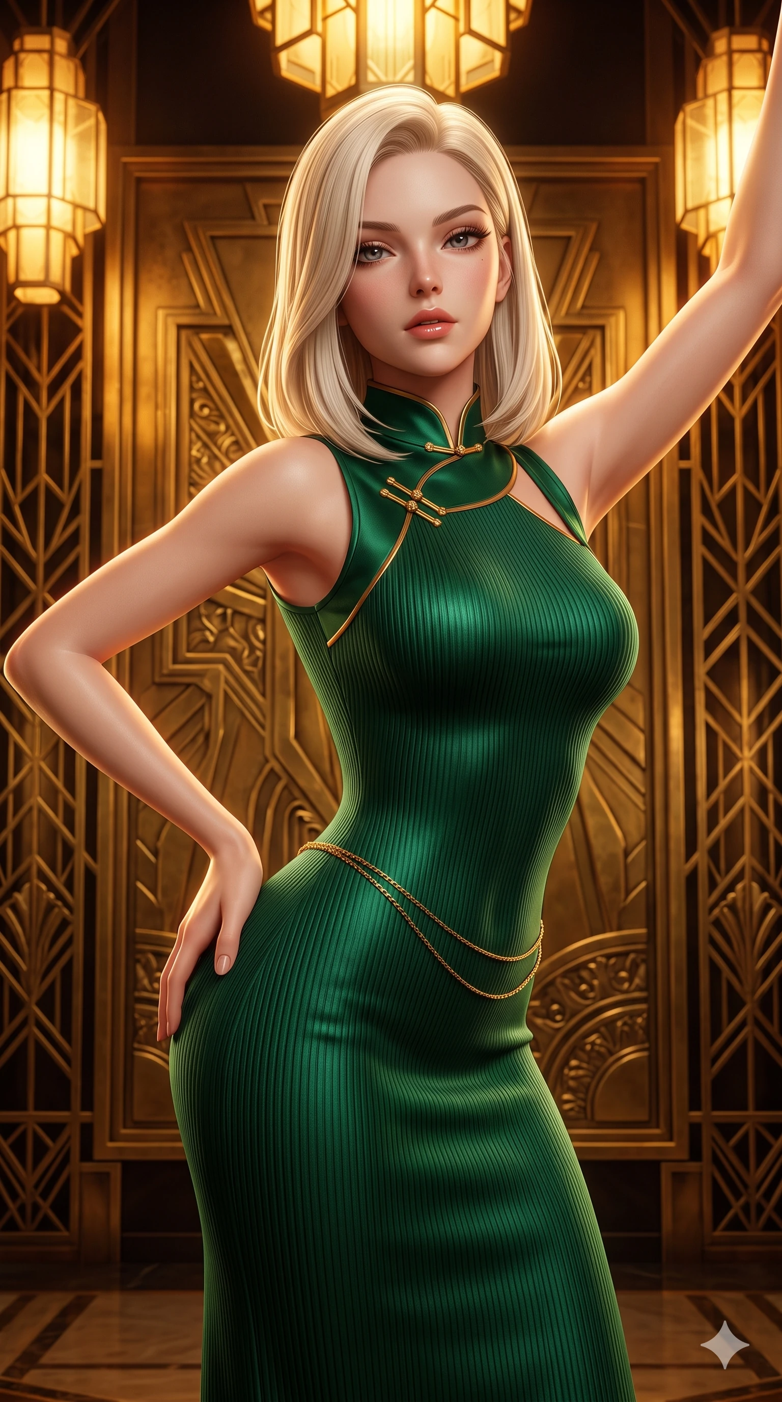 score_9, masterpiece, best quality, ultra-detailed, high-budget anime keyframe, semi-realistic 3D game render, editorial fashion photography, tasteful artistic composition, Caucasian woman. close-up cowboy shot from the waist and thighs up, the character dominates the composition, filling the frame with her large presence. leaning forward while arching her lower back to accentuate her curvy hips, looking into the camera with an intoxicating smoldering gaze and bedroom-eyes while standing in a tall, confident posture beside a monumental brass art deco relief, stretching her statuesque body as she arches her lower back to emphasize her sculpted feminine hips and slender waist. The surrounding environment is rendered in vivid detail and crisp panoramic clarity: detailed high-Mandarin wrap dress tailoring, metallic lamé fabric sheen, and historic grand touring salon architecture in razor-sharp precision. She has an exceptionally elegant, slender, and willowy female figure with an ultra-slim waist, flat toned midriff, narrow ribcage, and sculpted feminine hips creating an alluring, slim hourglass silhouette without bulk. sharp v-shaped jawline, high-bridge nose, intricate jewel-like sparkling eyes with depth, thick eyelashes, glossy parted lips with a natural sheen, intensely captivating and seductive bedroom-eyes expression, exuding both youthful cute charm and sovereign luxury allure, flawlessly proportioned anatomical accuracy, strict slender model proportions, natural body alignment, perfectly sculpted long slender limbs, ultra-slim waistline, clean dynamic posture without body distortion. wearing an ultra-sleek form-fitting ribbed silk-knit midi dress with elegant collar cutouts contouring her feminine hourglass silhouette in deep emerald green satin and gold hardware accents, crafted from bespoke double-faced cashmere with an exceptionally soft tactile finish, accented with a dainty gold belly chain resting across her flat midriff and curving hips, the form-contouring cut accentuating her sculpted flat midriff, narrow delicate ribcage, and gracefully curvy hips with intoxicating allure. bathed in the majestic, warm 2600K amber glow of geometric Lalique glass fixtures filtering through brass lattices. highly saturated vibrant anime colors, detailed shading with soft gradients, rich glossy textures, high-contrast stereoscopic depth, volumetric dynamic lighting, master piece, 9:16 ratio