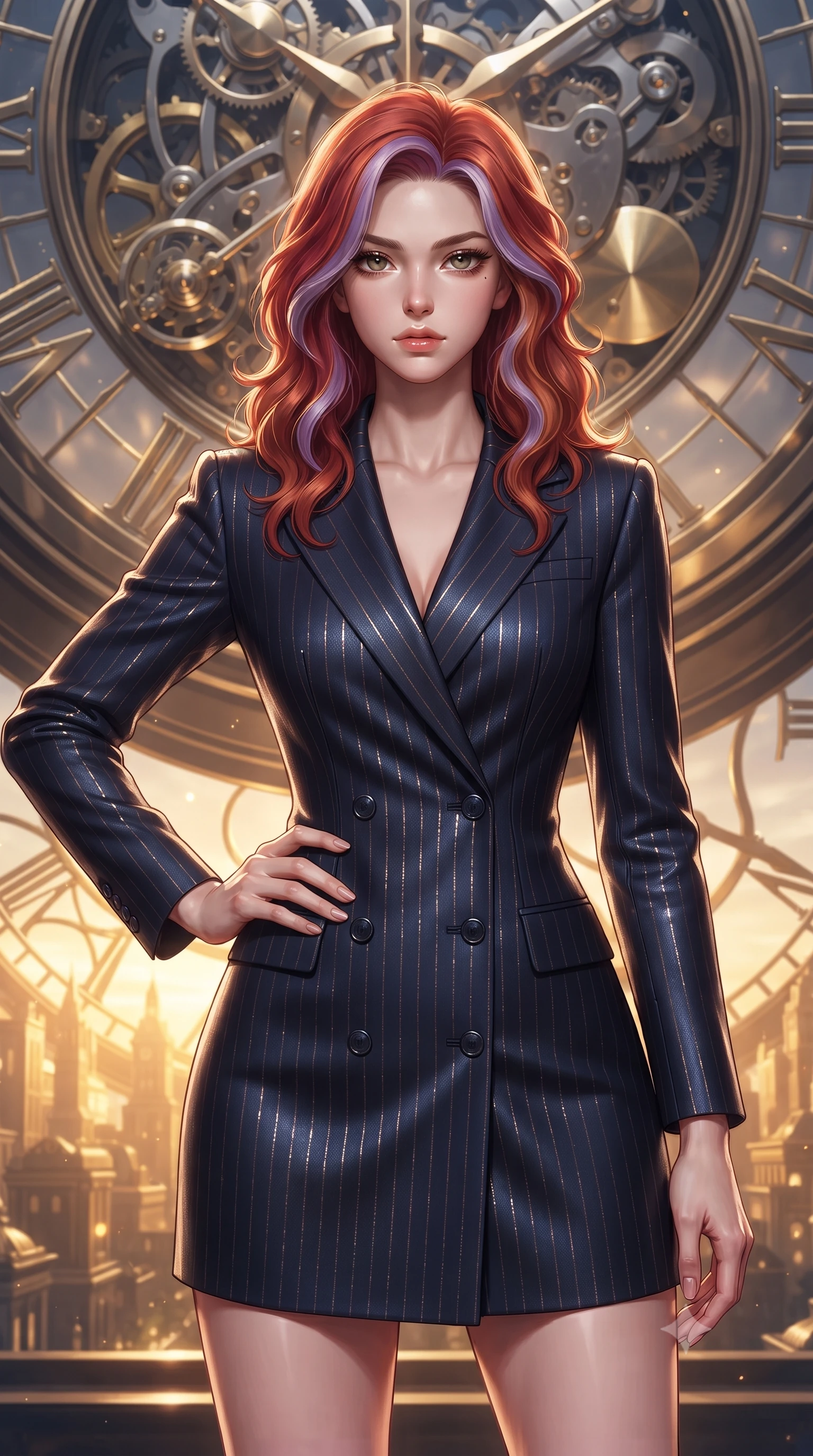score_9, masterpiece, best quality, ultra-detailed, high-budget anime keyframe, editorial fashion photography, tasteful artistic composition, Caucasian woman. close-up cowboy shot from the waist and thighs up, the character dominates the composition, filling the frame with her large presence, background elements kept in soft focus. Holding a confident power pose with one hand on her hip, gazing directly into the camera with quiet intensity poised on a massive mechanical clock pendulum swinging over a golden city, floating brass gears and clocksprings casting intricate metallic reflections. She has an exceptionally elegant, slender, and willowy female figure with an ultra-slim waist, a gracefully sculpted slender torso, and a refined silhouette. sharp v-shaped jawline, high-bridge nose, intricate jewel-like eyes with depth, thick eyelashes, glossy lips with a natural sheen. wearing a tailored double-breasted blazer dress in navy with subtle metallic pin-stripes, the glove-like fit emphasizing her statuesque silhouette. illuminated by a brilliant golden hour glow filtering through clockwork dials. ultra-reflective glossy finish, specular highlights, metallic sheen, high-contrast stereoscopic depth, volumetric dynamic lighting, 2k, ultra detail, master piece, 9:16 ratio