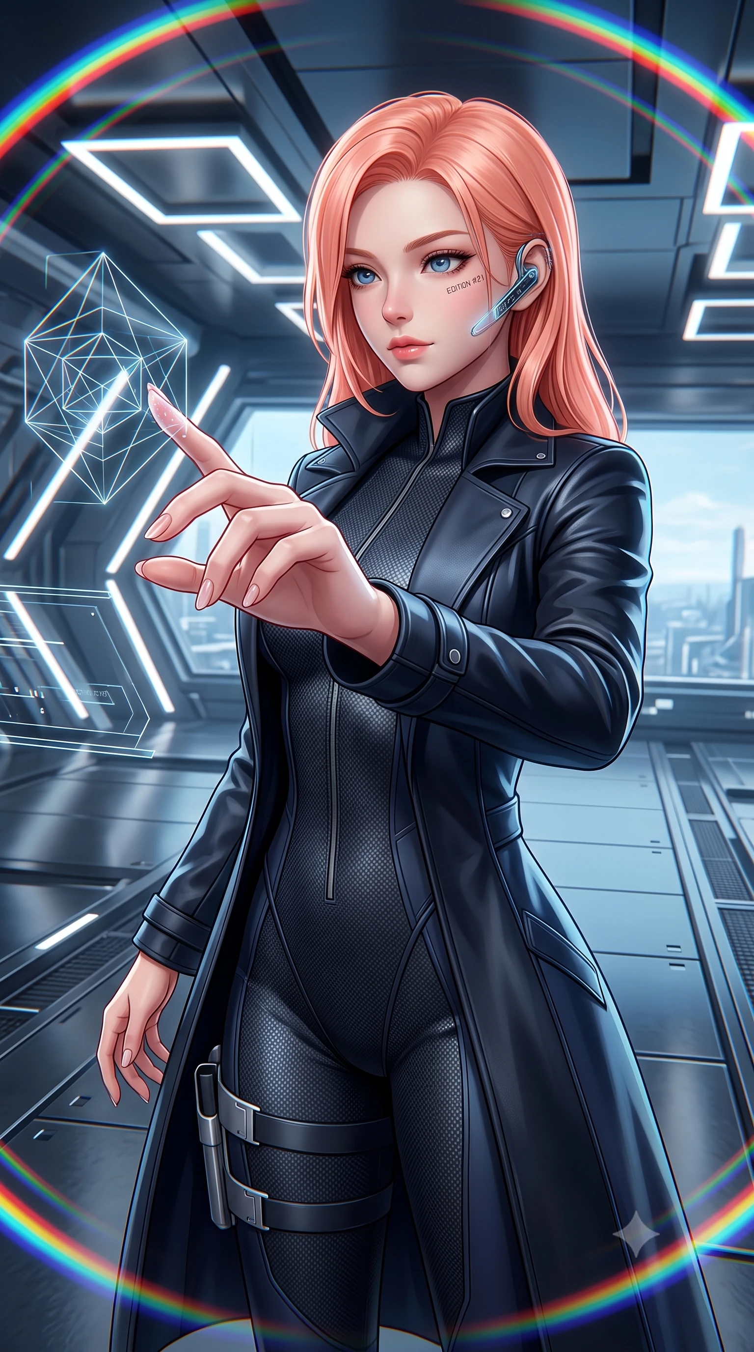 score_9, masterpiece, best quality, ultra-detailed, high-budget anime keyframe, semi-realistic 3D game render, editorial fashion photography, tasteful artistic composition, Japanese woman. close-up cowboy shot from the waist and thighs up, the character dominates the composition, filling the frame with her large presence. extending one slender arm gracefully toward the foreground while casting an affectionate, mesmerizing glance while reaching out one manicured hand to interact with a floating holographic geometry display with an intrigued expression. The surrounding environment is rendered in vivid detail and crisp panoramic clarity. detailed metallic fabric reflections, chromatic aberration rings, and geometric light fixtures in high clarity. She has an exceptionally elegant, slender, and willowy female figure with an ultra-slim waist, a gracefully sculpted slender torso, toned flat midriff, and a refined slim silhouette. sharp v-shaped jawline, high-bridge nose, intricate jewel-like eyes with depth, thick eyelashes, glossy lips with a natural sheen, captivating and magnetic expression, flawlessly proportioned anatomical accuracy, strict slender model proportions, natural body alignment, perfectly sculpted long slender limbs, ultra-slim waistline, clean dynamic posture without body distortion. wearing a sleek second-skin dark carbon-weave infiltration catsuit paired with a tailored long leather trench coat in stealth obsidian black and midnight navy, crafted from flexible ballistic matte leather and ultra-sleek stretch neoprene, equipped with a minimalist titanium leg holster and smart holographic earpiece edition #21, the sleek tailored cut tightly hugging her graceful clavicle, narrow waist, and feminine curves with statuesque precision. surrounded by a cutting-edge, avant-garde, and mesmerizingly stylish future-fashion muse aura. highly saturated vibrant anime colors, detailed shading with soft gradients, rich glossy textures, high-contrast stereoscopic depth, volumetric dynamic lighting, master piece, 9:16 ratio