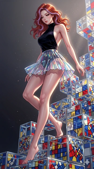 score_9, masterpiece, best quality, ultra-detailed, high-budget anime keyframe, Korean woman. low angle full-body shot filling the entire 9:16 frame with her statuesque presence, stretching the vertical silhouette. balancing on cubist glass blocks th
