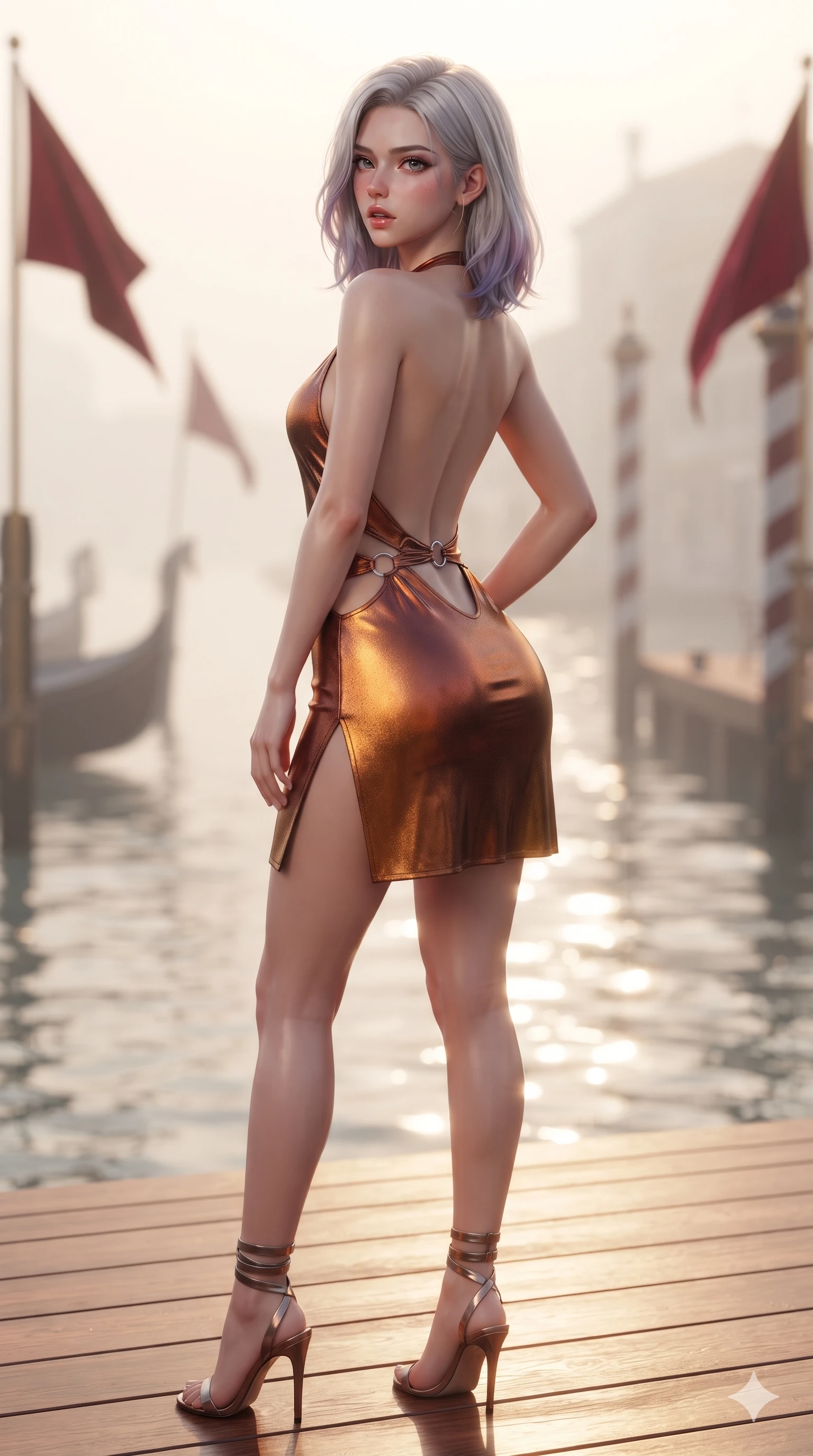 score_9, masterpiece, best quality, ultra-detailed, high-budget anime keyframe, editorial fashion photography, tasteful artistic composition, Caucasian woman. close-up cowboy shot from the waist and thighs up, the character dominates the composition, filling the frame with her large presence. posing in an alluring rear three-quarter angle, looking over a bare shoulder with parted glossy lips, her hips cocked back to highlight her slim hourglass curve while standing poised on the polished wooden regatta pier as crimson velvet mooring pennants flutter in the maritime breeze, arching her lower back with sovereign supermodel grace. The background shows a soft-focus morning canal sea-mist softened in private regatta pier shallow focus. She has an exceptionally elegant, slender, and willowy female figure with an ultra-slim waist, flat toned midriff, narrow ribcage, and sculpted feminine hips creating an alluring, slim hourglass silhouette without bulk. sharp v-shaped jawline, high-bridge nose, intricate jewel-like sparkling eyes with depth, thick eyelashes, glossy parted lips with a natural sheen, intensely captivating and seductive bedroom-eyes expression, exuding both youthful cute charm and sovereign luxury allure, flawlessly proportioned anatomical accuracy, strict slender model proportions, natural body alignment, perfectly sculpted long slender limbs, ultra-slim waistline, clean dynamic posture without body distortion. wearing an alluring backless metallic lamé halterneck mini dress with deep scoop back down to her lower spine and thigh-high slit in rich copper bronze and warm amber, adorned with delicate chrome ring hardware and cutouts along her slender waist, complemented by strappy stiletto sandals with metallic ankle wraps accentuating her slender calves, the bespoke structured tailoring following the natural line of her 8.5-heads silhouette with refined elegance. bathed in the warm radiant 2700K morning sunlight reflecting off the canal ripples with crisp specular glints. ultra-reflective glossy finish, specular highlights, rich textural contrasts, high-contrast stereoscopic depth, volumetric dynamic lighting, 2k, ultra detail, master piece, 9:16 ratio