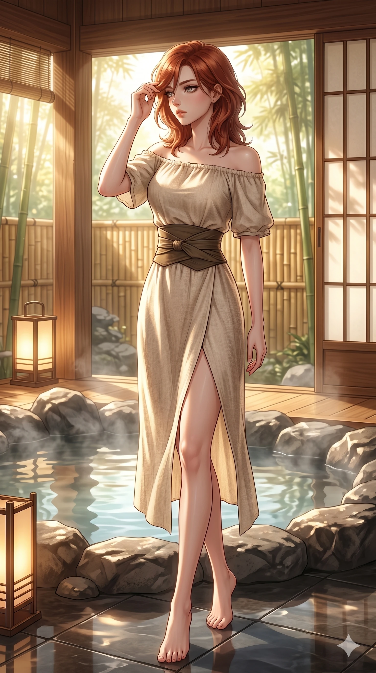 score_9, masterpiece, best quality, ultra-detailed, high-budget anime keyframe, editorial fashion photography, tasteful artistic composition, Korean woman. cowboy shot from the thighs up, character and outfit filling the frame for maximum editorial presence. wiping a lock of hair from her forehead, her expression cool and contemplative as she turns her head in a private hot spring pavilion with warm sunlight filtering through bamboo partitions (Code-P079). She has an absolutely perfect 8-heads proportion, an exceptionally tall and slender female figure with impossibly long slender legs and an ultra-slim waist. V-shaped jawline, high-bridge nose, intricate jewel-like eyes with depth, thick eyelashes, glossy lips with a natural sheen. wearing a beige off-shoulder top showing her elegant clavicle lines, and a split linen skirt. bathed in soft morning sunbeams flowing into the room, creating a bright, glowing atmosphere. 2k, ultra detail, master piece, 9:16 ratio