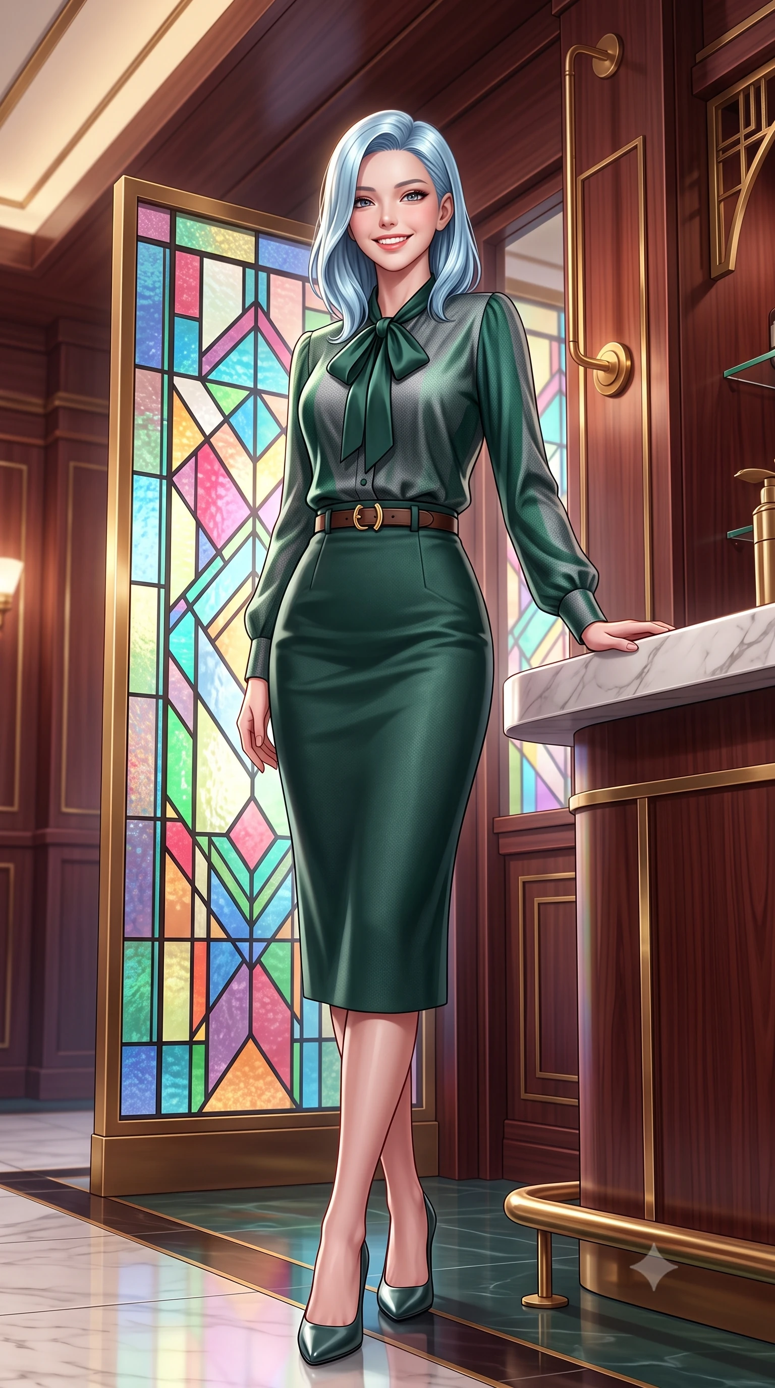 score_9, masterpiece, best quality, ultra-detailed, high-budget anime keyframe, semi-realistic 3D game render, editorial fashion photography, tasteful artistic composition, Korean woman. low angle full-body shot from head to toe showing her feet, filling the entire 9:16 vertical frame with her statuesque presence, stretching her vertical silhouette. pausing along the promenade and turning back toward the camera with an infectious, delightful smile and perfect posture while standing beside the geometric stained-glass partition, one hand resting on the marble counter with chic modern-retro poise. The surrounding environment is rendered in vivid detail and crisp panoramic clarity: detailed embroidered wool blazer lapels, tailored cigarette trousers, and Taisho-modernist architectural craftsmanship in razor-sharp precision. She has an exceptionally tall and slender model-like 8.5-heads proportion, an ultra-slim waist, a flat toned midriff, narrow delicate ribcage, and beautifully sculpted feminine hips creating a graceful, slim hourglass silhouette without any bulky heaviness, with impossibly long slender legs. sharp v-shaped jawline, high-bridge nose, intricate jewel-like sparkling eyes with depth, thick eyelashes, glossy parted lips with a natural peach sheen, bright cheerful beaming smile with an enchanting and coquettish sensual glint, exuding both youthful cute charm and seductive allure, flawlessly proportioned anatomical accuracy, strict slender model proportions, natural body alignment, perfectly sculpted long slender limbs, ultra-slim waistline, clean dynamic posture without body distortion. wearing a fluid silk crepe pussy-bow blouse paired with a high-waisted tailored pencil midi skirt and slim leather belt in St. Moritz pine forest emerald and heather grey, woven from fine Australian merino wool with a smooth fluid drape and subtle sheen, finished with a smooth equestrian bridle-leather belt with a polished brass horseshoe buckle, the expertly draped wool fabric falling in crisp fluid lines along her tall 8.5-heads silhouette, celebrating her slender frame without excess fabric bulk. illuminated by rosewood wall and brass reflection bounce with crisp champagne rim lights defining her cheekbones and slender waist. highly saturated vibrant anime colors, detailed shading with soft gradients, rich glossy textures, high-contrast stereoscopic depth, volumetric dynamic lighting, master piece, 9:16 ratio