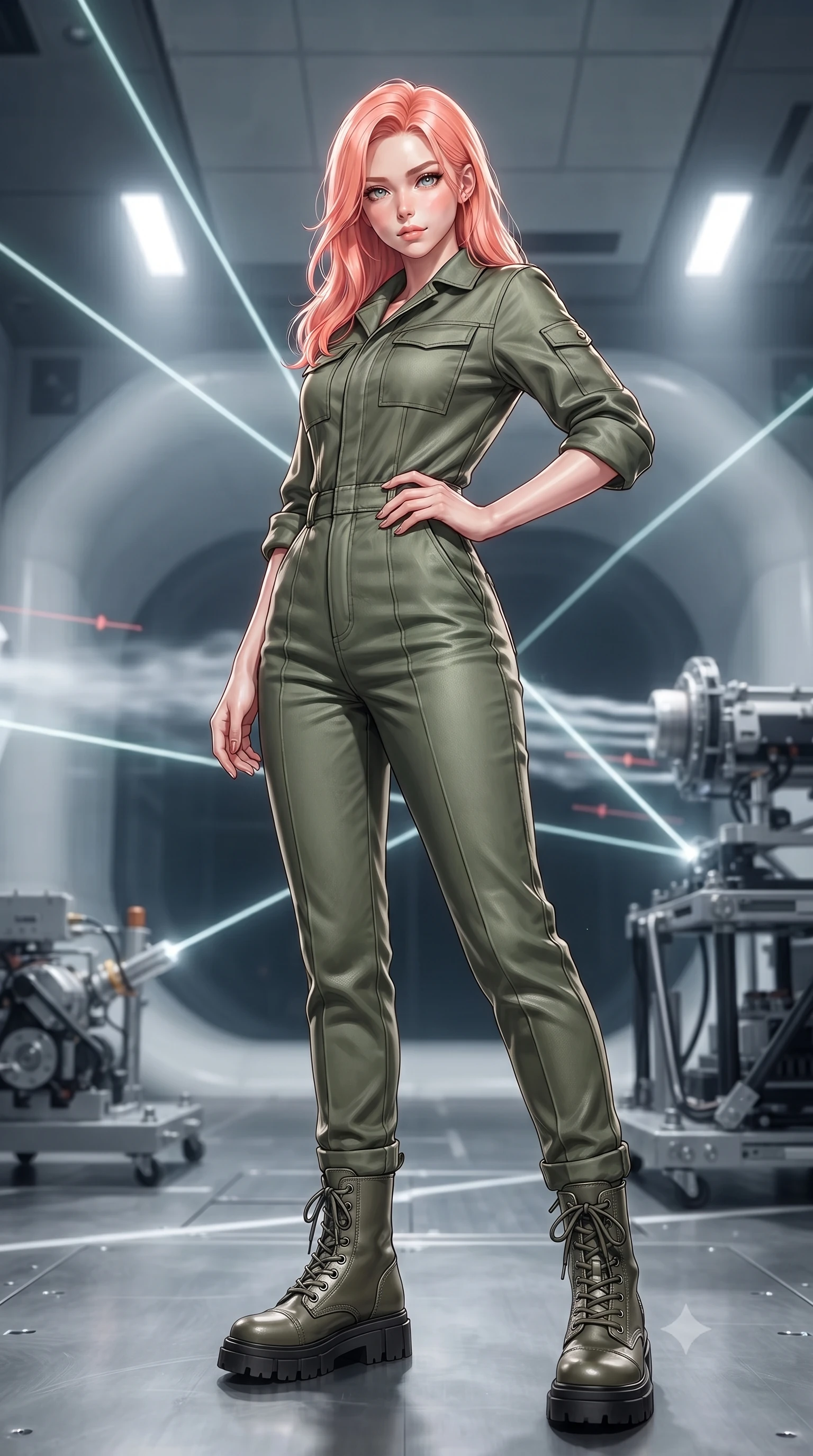 score_9, masterpiece, best quality, ultra-detailed, high-budget anime keyframe, editorial fashion photography, tasteful artistic composition, Japanese woman. low angle full-body shot from head to toe showing her feet, filling the entire 9:16 vertical frame with her statuesque presence, stretching her vertical silhouette. posing confidently with one hand on her hip, stretching her statuesque body to emphasize her curves the background shows a soft-focus a futuristic vehicle testing chamber with wind tunnels and laser indicators. She has an absolutely perfect, statuesque 8.5-heads proportion, an exceptionally tall and slender model-like female figure with impossibly long slender legs and an ultra-slim waist. sharp v-shaped jawline, high-bridge nose, intricate jewel-like eyes with depth, thick eyelashes, glossy lips with a natural sheen. wearing a slim-fit comfortable olive green cotton utility jumpsuit with a structured collar and rolled-up sleeves. focused white spotlights casting clean, structured shadows across her pose. ultra-reflective glossy finish, specular highlights, metallic sheen, high-contrast stereoscopic depth, volumetric dynamic lighting, 2k, ultra detail, master piece, 9:16 ratio