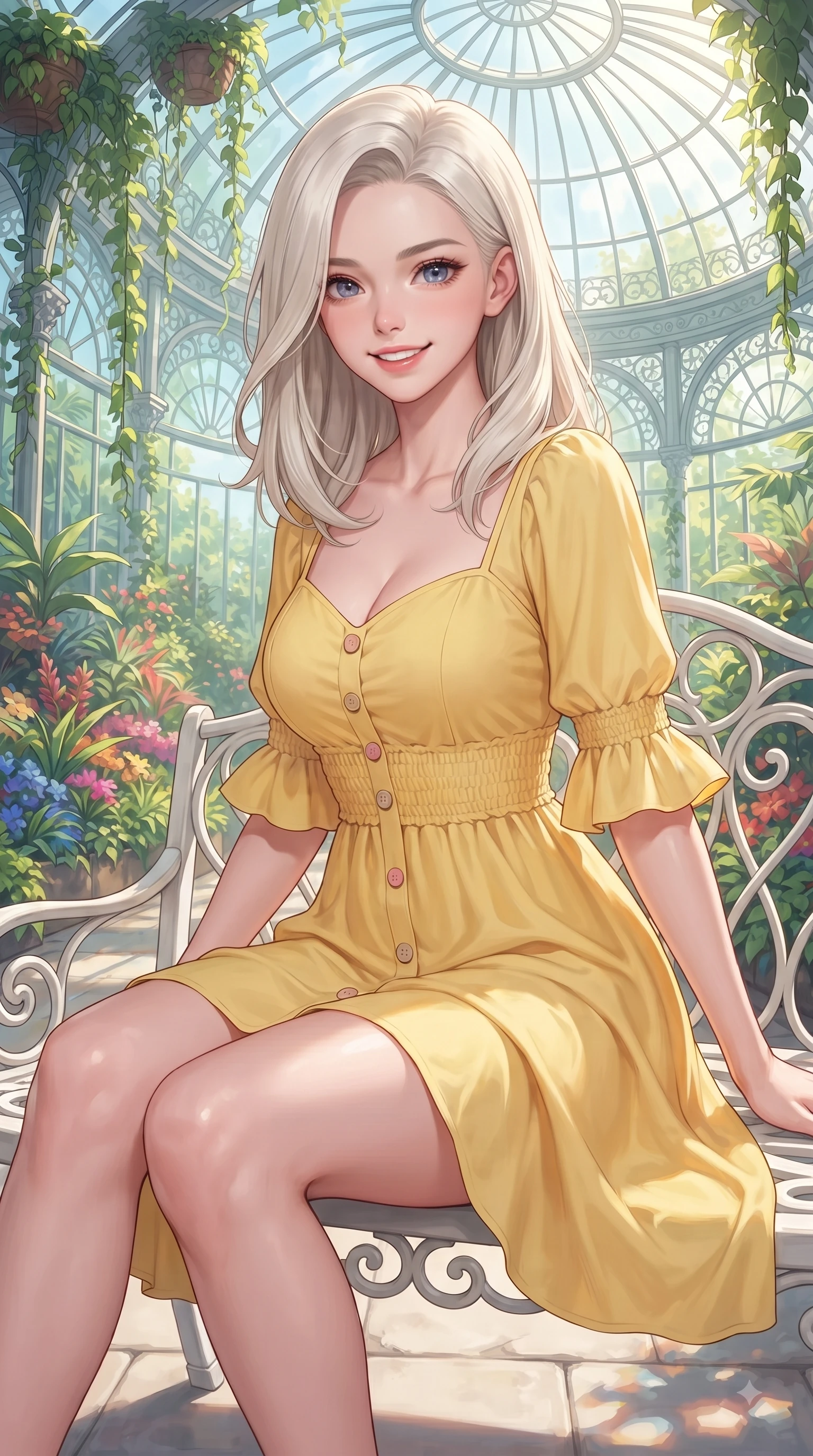 score_9, masterpiece, best quality, ultra-detailed, high-budget anime keyframe, editorial fashion photography, tasteful artistic composition, Caucasian woman. close-up cowboy shot from the waist and thighs up, the character dominates the composition, filling the frame with her large presence. Youthful bright smile exuding pure cute charm and fresh energy, her torso turning dynamically into the lens while sitting on a classic white iron bench in a sun-drenched glasshouse surrounded by emerald greenery. The surrounding environment is rendered in vivid detail and crisp panoramic clarity. intricate glasshouse dome architecture, cascading tropical vines, and vibrant botanical garden displays in deep focus. She has an exceptionally elegant, slender, and willowy female figure with an ultra-slim waist, a gracefully sculpted slender torso, and a refined silhouette. sharp v-shaped jawline, high-bridge nose, intricate jewel-like eyes with depth, thick eyelashes, glossy lips with a natural sheen, flawlessly proportioned anatomical accuracy, natural body alignment, perfectly sculpted elegant limbs, clean dynamic posture without body distortion. wearing a sunny yellow cotton sundress with a sweetheart neckline and wooden button accents in cherry blossom pink and soft beige, made of comfortable premium stretch denim and soft jersey, accented with soft smocked details and fluttery cuffs, the soft airy drape swaying gracefully with her dynamic movements. surrounded by a peaceful, sun-drenched, and healing greenhouse atmosphere. ultra-reflective glossy finish, specular highlights, metallic sheen, high-contrast stereoscopic depth, volumetric dynamic lighting, 2k, ultra detail, master piece, 9:16 ratio