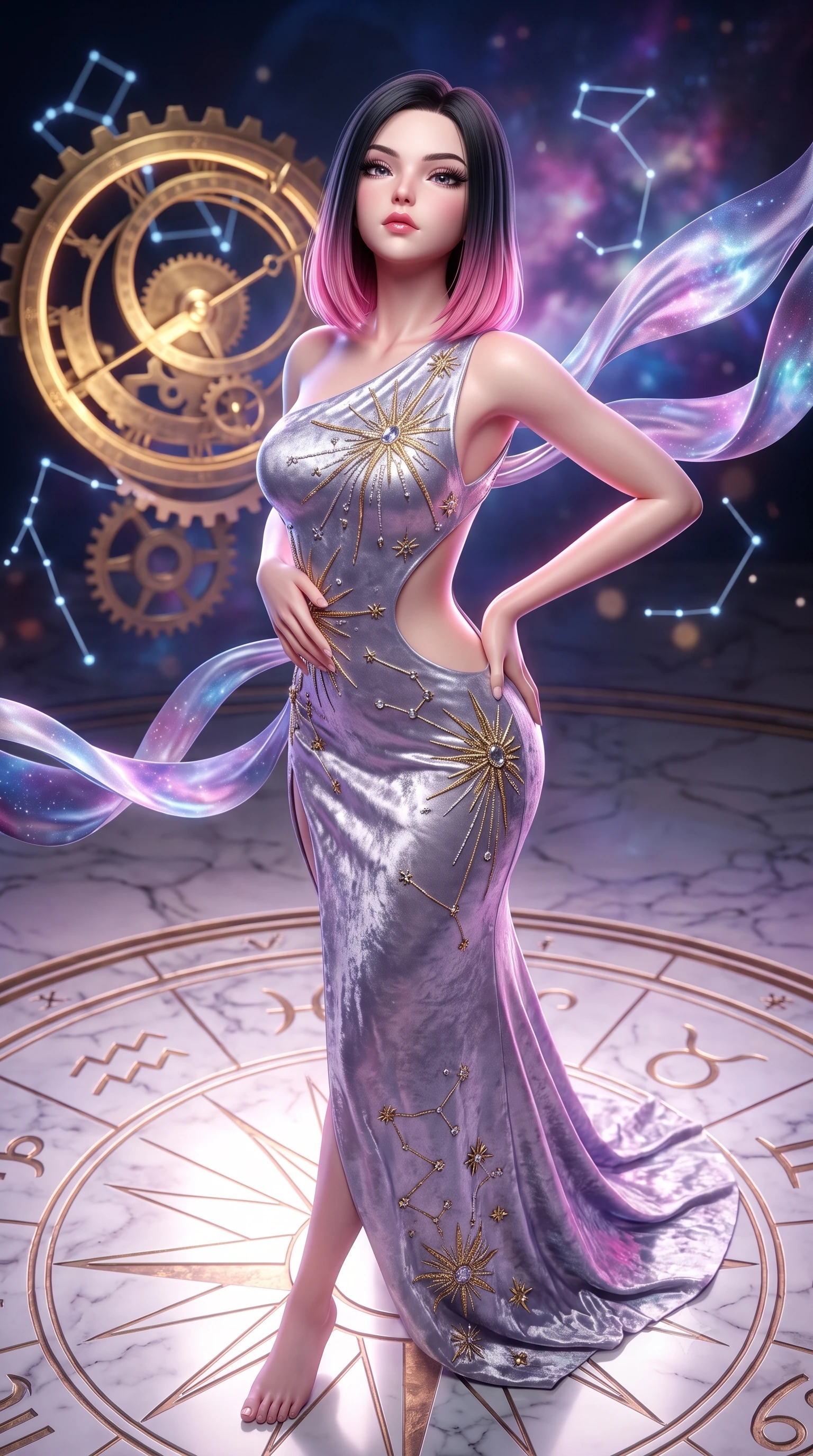 score_9, masterpiece, best quality, ultra-detailed, high-budget anime keyframe, semi-realistic 3D game render, editorial fashion photography, tasteful artistic composition, Korean woman. close-up cowboy shot from the waist and thighs up, the character dominates the composition, filling the frame with her large presence. tilting her chin up with proud, sovereign allure while gazing through thick eyelashes, one hand resting on her waist in pure supermodel charisma while striding across the illuminated marble star-chart floor, hips swaying with sovereign cosmic empress charisma. The composition keeps background elements in soft focus with creamy bokeh. glowing brass astrolabe gears and constellation hologram lines softened in romantic shallow focus. She has an exceptionally elegant, slender, and willowy female figure with an ultra-slim waist, a gracefully sculpted slender torso, toned flat midriff, and rounded feminine hips creating an alluring hourglass silhouette. sharp v-shaped jawline, high-bridge nose, intricate jewel-like eyes with depth, thick eyelashes, glossy parted lips with a natural sheen, intensely captivating and seductive bedroom-eyes expression, flawlessly proportioned anatomical accuracy, strict slender model proportions, natural body alignment, perfectly sculpted long slender limbs, ultra-slim waistline, clean dynamic posture without body distortion. wearing an asymmetric one-shoulder metallic gown with celestial starburst embroidery and bare side cutouts in ethereal lilac mist and celestial silver, crafted from heavyweight crushed silk velvet with liquid frost luster, complemented by floating celestial silk ribbons catching the nebula light, the dramatically scooped open back descending to the base of her spine, accentuating her razor-sharp statuesque lines and curvy hourglass silhouette. surrounded by a celestial, immortal, and deeply hypnotic cosmos sovereign aura. highly saturated vibrant anime colors, detailed shading with soft gradients, rich glossy textures, high-contrast stereoscopic depth, volumetric dynamic lighting, master piece, 9:16 ratio