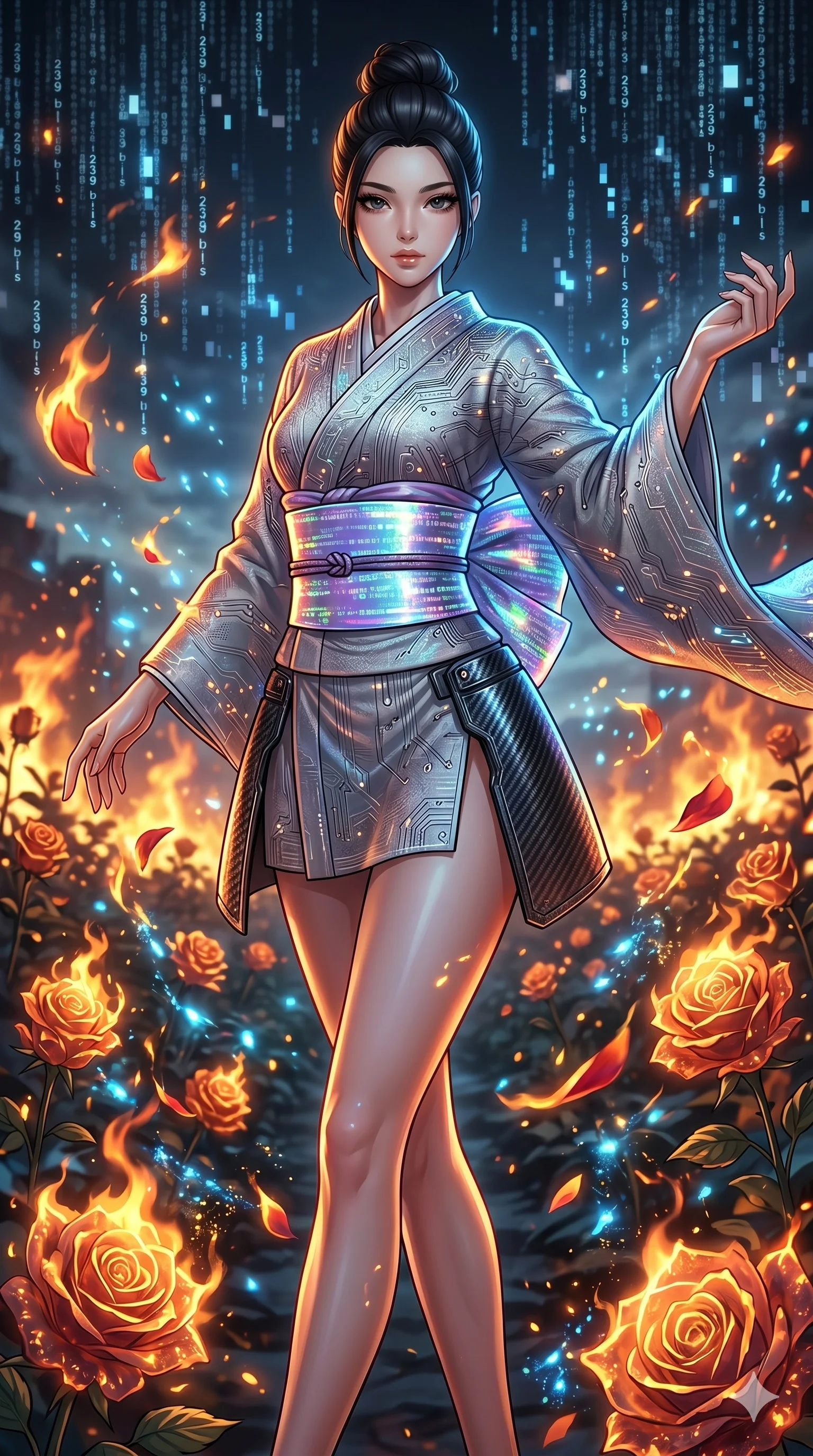 score_9, masterpiece, best quality, ultra-detailed, Set A: High-budget Anime Keyframe, Korean woman. Upper body close-up from the thighs up, character filling the screen for maximum presence. Dancing through a burning rose garden, while a digital blizzard of 239 bits obscures the horizon and surrounded by glowing energy sparks. She has an absolutely perfect 8-heads proportion, an exceptionally tall and slender female figure with impossibly long slender legs and an ultra-slim waist. Sharp v-shaped jawline, high-bridge nose, intricate jewel-like eyes with depth, thick eyelashes, glossy lips with a natural sheen. Wearing Tech-kimono with a wide holographic obi and side-slit carbon-fiber leg guards. Cinematic lighting, vibrant colors, dramatic shadows, 2k, ultra detail, master piece, 9:16 ratio