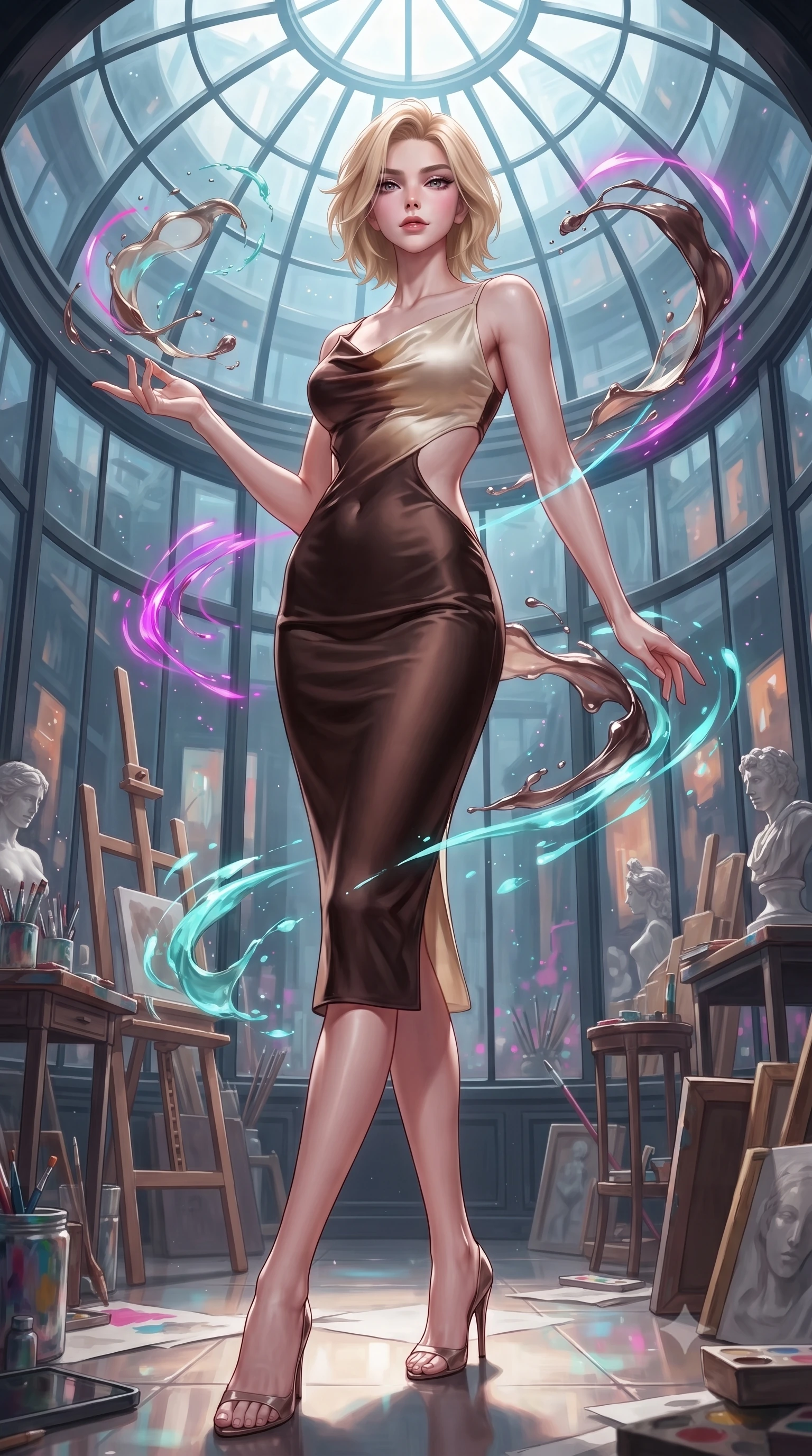 score_9, masterpiece, best quality, ultra-detailed, high-budget anime keyframe, editorial fashion photography, tasteful artistic composition, Caucasian woman. low angle full-body shot from head to toe showing her feet, filling the entire 9:16 vertical frame with her statuesque presence, stretching her vertical silhouette. interacting gracefully with the magical floating elements while maintaining a confident posture standing inside a glass-domed art atelier filled with floating liquid paint swirls, glowing neon brushstrokes floating poetically around her silhouette. She has an absolutely perfect, statuesque 8.5-heads proportion, an exceptionally tall and slender model-like female figure with impossibly long slender legs and an ultra-slim waist. sharp v-shaped jawline, high-bridge nose, intricate jewel-like eyes with depth, thick eyelashes, glossy lips with a natural sheen. wearing an elegant cowl-neck satin midi dress with a draped neckline in espresso brown and warm cream, made of premium stretch velvet with a rich sheen, featuring clean architectural cutouts along her slender torso, the form-contouring material highlighting her ultra-slim waist and long lines. surrounded by a radiant glow of magenta and aqua fluid highlights. ultra-reflective glossy finish, specular highlights, metallic sheen, high-contrast stereoscopic depth, volumetric dynamic lighting, 2k, ultra detail, master piece, 9:16 ratio