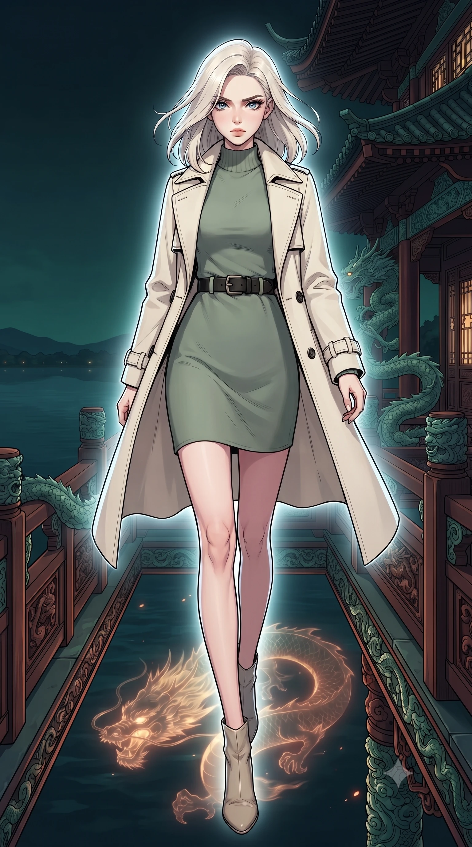 score_9, masterpiece, best quality, ultra-detailed, high-budget anime keyframe, gorgeous anime illustration, with clean line-art and distinct ink outlines, Caucasian woman, strictly human ears. low angle full-body shot from head to toe showing her feet, filling the entire 9:16 vertical frame with her statuesque presence, stretching her vertical silhouette. threading her way through on the balcony of a high pagoda decorated with jade dragon carvings, overlooking a lake with a giant glowing dragon silhouette visible beneath the dark water. She has a statuesque 8.5-heads proportion, an exceptionally tall, slender and willowy model-like build with impossibly long legs and a highly sculpted ultra-slim waist. sharp v-shaped jawline, high-bridge nose, intricate jewel-like eyes with depth, thick eyelashes, glossy lips with a natural sheen. wearing a modern cream trench coat layered over a sage green mock-neck cashmere dress, cinched with a dark leather belt. dramatic backlight creating a radiant halo effect around her entire silhouette. 2k, ultra detail, master piece, 9:16 ratio, vibrant anime color palette, detailed cel-shading with soft gradients, rich contrast, dynamic lighting, 2d animation style