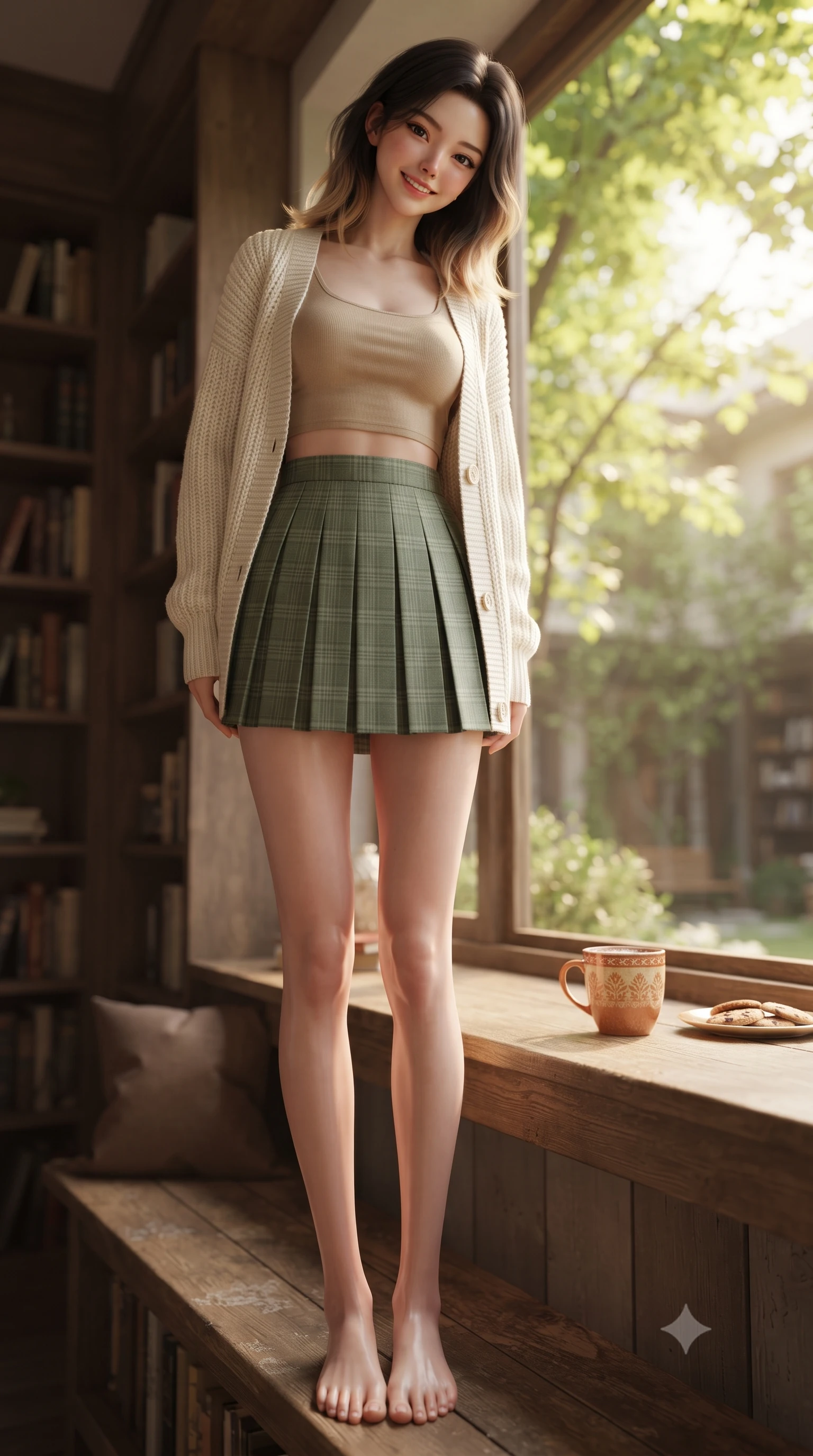 score_9, masterpiece, best quality, ultra-detailed, high-budget anime keyframe, editorial fashion photography, tasteful artistic composition, Korean woman. low angle full-body shot from head to toe showing her feet, filling the entire 9:16 vertical frame with her statuesque presence, stretching her vertical silhouette. standing with a cute, bright pose, tilting her head with a beaming smile set against a soft-focus background of sitting on a window bench of a quiet library overlooking a green courtyard with a warm mug of cocoa and a small plate of cookies on the desk. She has an absolutely perfect, statuesque 8.5-heads proportion, an exceptionally tall and slender model-like female figure with impossibly long slender legs and an ultra-slim waist. sharp v-shaped jawline, high-bridge nose, intricate jewel-like eyes with depth, thick eyelashes, glossy lips with a natural sheen. wearing body-hugging crop top under an open knit cardigan, paired with a high-waist pleated A-line skirt. soft afternoon daylight filtered through green leaves outside the window. ultra-reflective glossy finish, specular highlights, metallic sheen, high-contrast stereoscopic depth, volumetric dynamic lighting, 2k, ultra detail, master piece, 9:16 ratio