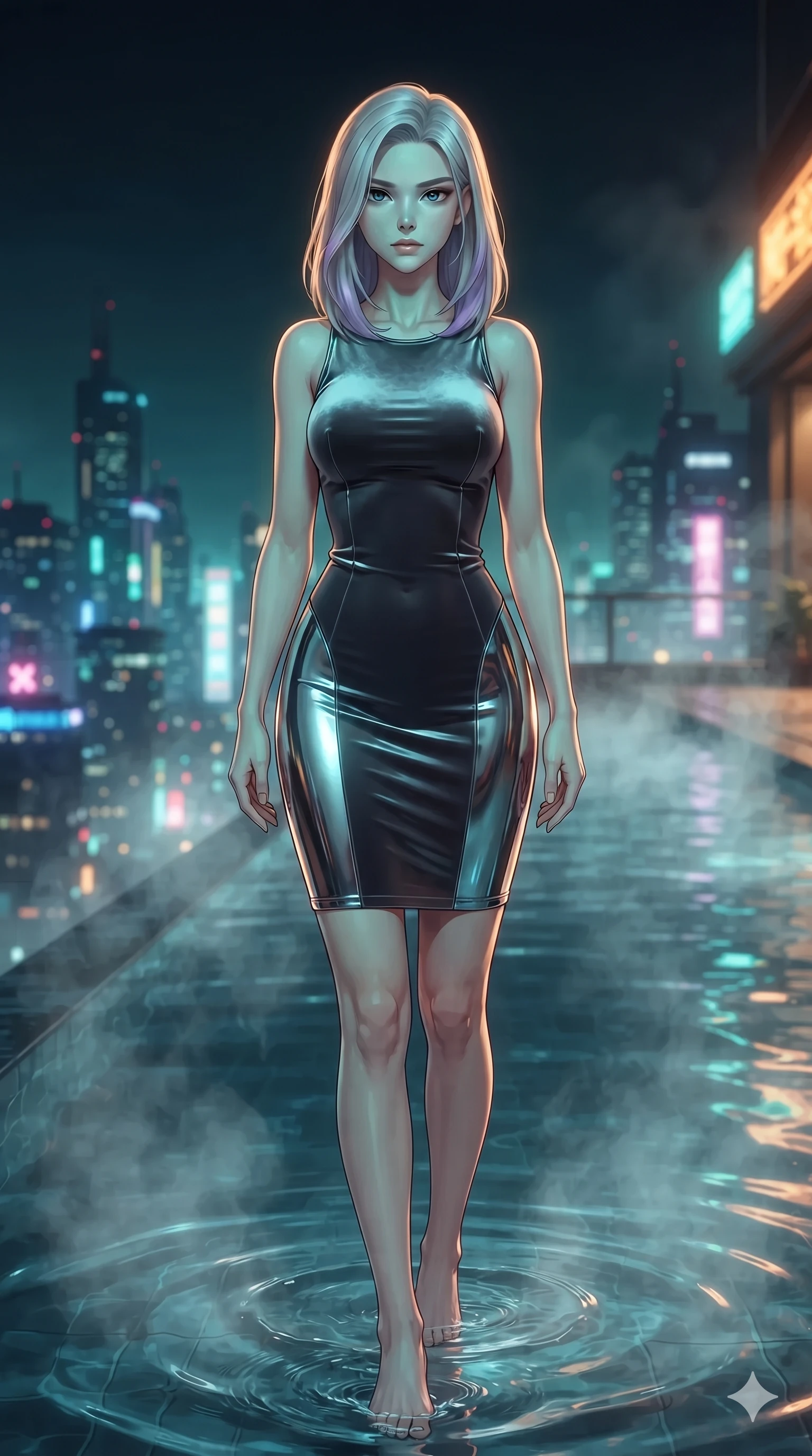 score_9, masterpiece, best quality, ultra-detailed, high-budget anime keyframe, editorial fashion photography, tasteful artistic composition, Caucasian woman. close-up cowboy shot from the waist and thighs up, the character dominates the composition, filling the frame with her large presence. twisting her slender torso in a deep contrapposto stance, hips dramatically shifted to accentuate her feminine curves while looking past her shoulder with smoldering bedroom-eyes while standing poised ankle-deep in the steaming mineral water at the edge of the infinity pool, arching her lower back with sovereign supermodel grace overlooking the neon metropolis. The surrounding environment is rendered in vivid detail and crisp panoramic clarity: sharp textured volcanic basalt rock edges, glistening water droplets on polished stone, and crisp skyline spires in deep focus. She has an exceptionally elegant, slender, and willowy female figure with an ultra-slim waist, flat toned midriff, narrow ribcage, and sculpted feminine hips creating an alluring, slim hourglass silhouette without bulk. sharp v-shaped jawline, high-bridge nose, intricate jewel-like sparkling eyes with depth, thick eyelashes, glossy parted lips with a natural sheen, intensely captivating and seductive bedroom-eyes expression, exuding both youthful cute charm and sovereign luxury allure, flawlessly proportioned anatomical accuracy, strict slender model proportions, natural body alignment, perfectly sculpted long slender limbs, ultra-slim waistline, clean dynamic posture without body distortion. wearing a tailored liquid velvet bodycon dress with metallic fiber pinstripes following her statuesque 8.5-heads silhouette in charcoal grey and polished chrome, tailored from smooth liquid silk satin that clings smoothly to her narrow waist and rounded hips with a dewy sheen, complemented by strappy stiletto sandals with metallic ankle wraps accentuating her slender calves, the bespoke structured tailoring following the natural line of her 8.5-heads silhouette with refined elegance. illuminated by water surface ripple reflections and sharp turquoise-amber rim lights carving her sculpted collarbones, ultra-slim waist, and curvy hips. ultra-reflective glossy finish, specular highlights, rich textural contrasts, high-contrast stereoscopic depth, volumetric dynamic lighting, 2k, ultra detail, master piece, 9:16 ratio