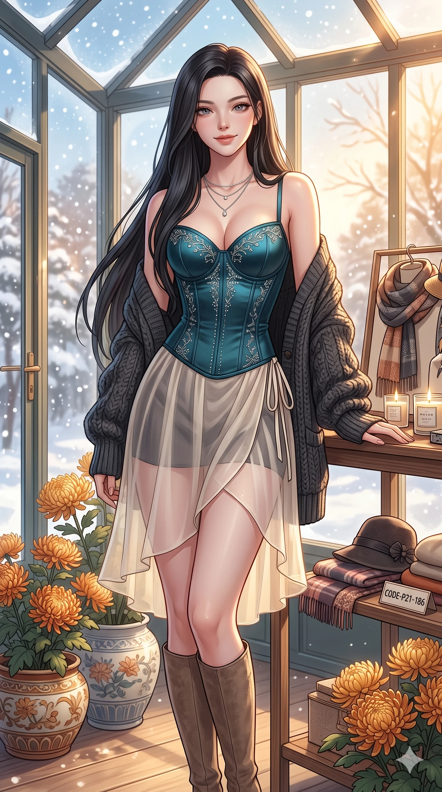 score_9, masterpiece, best quality, ultra-detailed, high-budget anime keyframe, vibrant anime aesthetic, Korean woman. cowboy shot from the thighs up, character and outfit filling the frame for maximum presence. She is leaning against a boutique display, smiling warmly with a playful winter half-smile in snow inside a spacious sunroom with autumn chrysanthemums (Code-P21-186). She has an absolutely perfect 8-heads proportion, an exceptionally tall and slender female figure with impossibly long slender legs and an ultra-slim waist. V-shaped jawline, high-bridge nose, intricate jewel-like eyes with depth, thick eyelashes, glossy lips with a natural sheen. wearing a structured satin corset showing her cleavage paired with a transparent chiffon wrap skirt in winter. She is illuminated by warm winter sunshine streaming through the glass walls of the cafe. 2k, ultra detail, master piece, 9:16 ratio