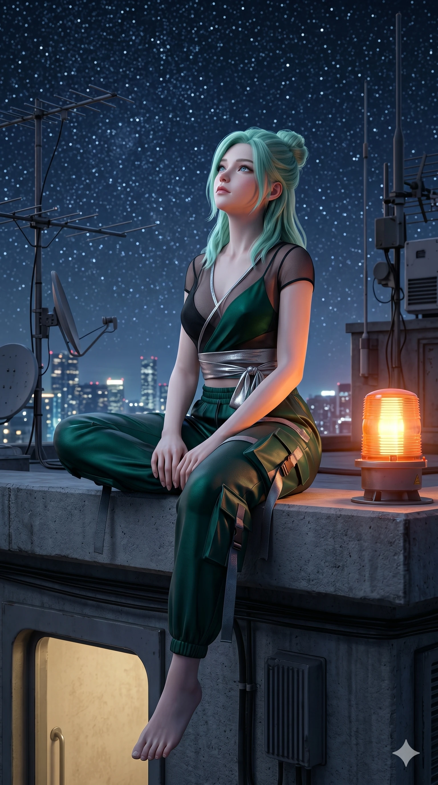 score_9, masterpiece, best quality, ultra-detailed, high-budget anime keyframe, semi-realistic 3D game render, Japanese woman. Upper body close-up from the thighs up, character filling the screen for maximum presence. On the rooftop of a capsule hotel, surrounded by antennae, sitting on the edge, looking at the starry sky with a dreamy expression. She is wearing a delicate sheer-panel wrap top with metallic sash and matching cargo joggers. The scene is bathed in soft starlight and the warm orange glow of a distant warning beacon. 2k, ultra detail, master piece, 9:16 ratio