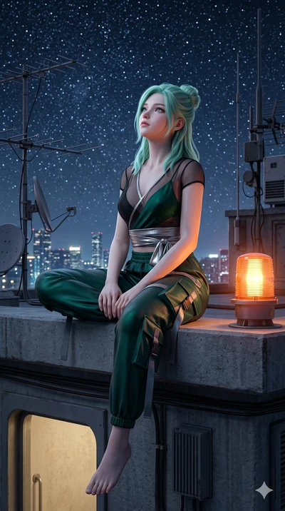 score_9, masterpiece, best quality, ultra-detailed, high-budget anime keyframe, semi-realistic 3D game render, Japanese woman. Upper body close-up from the thighs up, character filling the screen for maximum presence. On the rooftop of a capsule hote