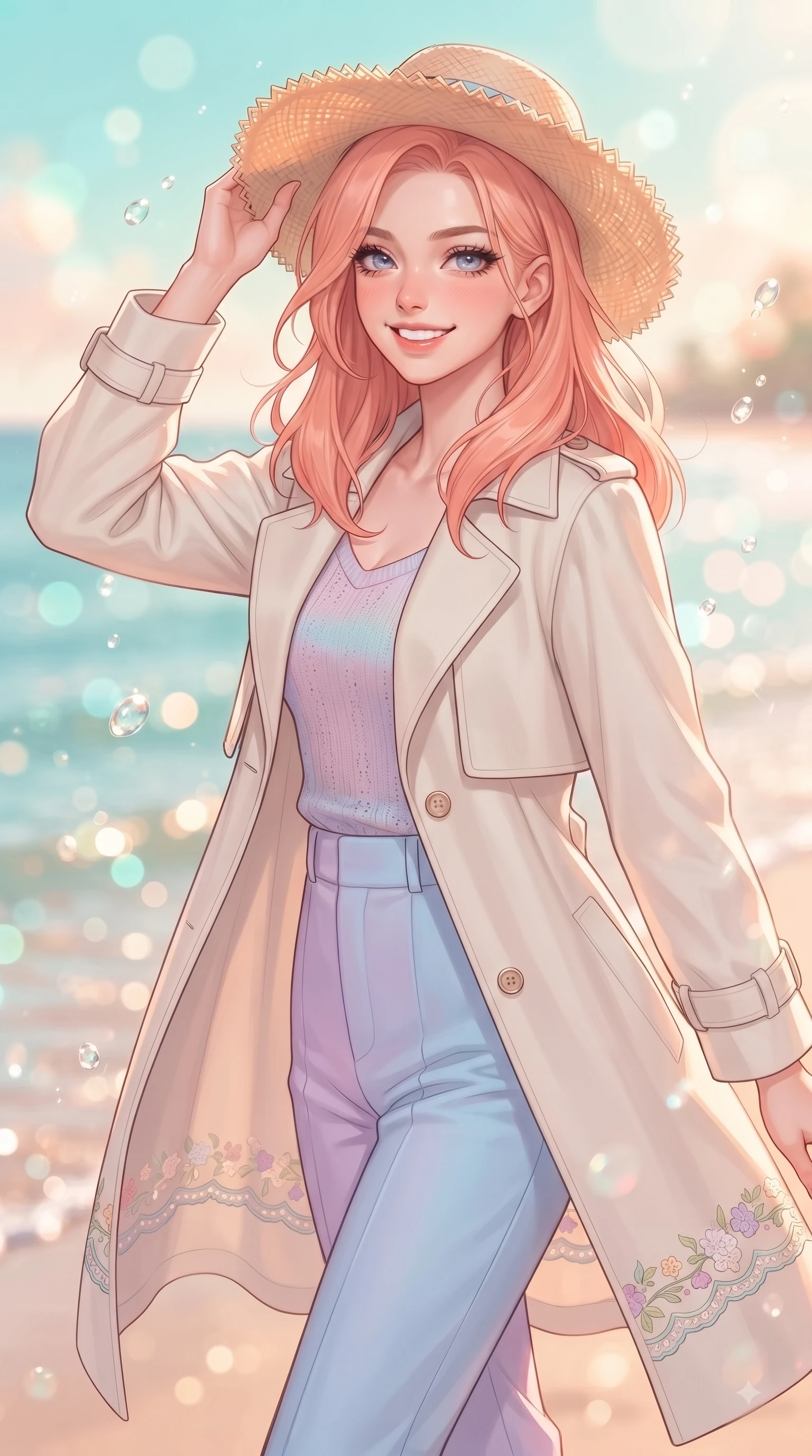 score_9, masterpiece, best quality, ultra-detailed, high-budget anime keyframe, editorial fashion photography, tasteful artistic composition, Japanese woman. close-up cowboy shot from the waist and thighs up, the character dominates the composition, filling the frame with her large presence. Radiant youthful grin reflecting girlhood charm while casting a playful, joyful side-gaze with heavy lashes while holding her straw sunhat lightly against the ocean breeze while smiling happily into the camera. The composition keeps background elements in soft focus with dreamy bokeh. warm beach sunlight refracting off water droplets blurred into a soft pastel backdrop. She has an exceptionally elegant, slender, and willowy female figure with an ultra-slim waist, a gracefully sculpted slender torso, and a refined silhouette. sharp v-shaped jawline, high-bridge nose, intricate jewel-like eyes with depth, thick eyelashes, glossy lips with a natural sheen, flawlessly proportioned anatomical accuracy, natural body alignment, perfectly sculpted elegant limbs, clean dynamic posture without body distortion. wearing a stylish pale ivory trench coat over a pastel knit top and high-waist tailored slacks in soft pastel lavender and sky blue, woven with delicate eyelet lace and soft cotton, complemented by delicate embroidered floral trim along the hem, the soft airy drape swaying gracefully with her dynamic movements. bathed in brilliant tropical sunshine and glittering ocean water refractions. ultra-reflective glossy finish, specular highlights, metallic sheen, high-contrast stereoscopic depth, volumetric dynamic lighting, 2k, ultra detail, master piece, 9:16 ratio