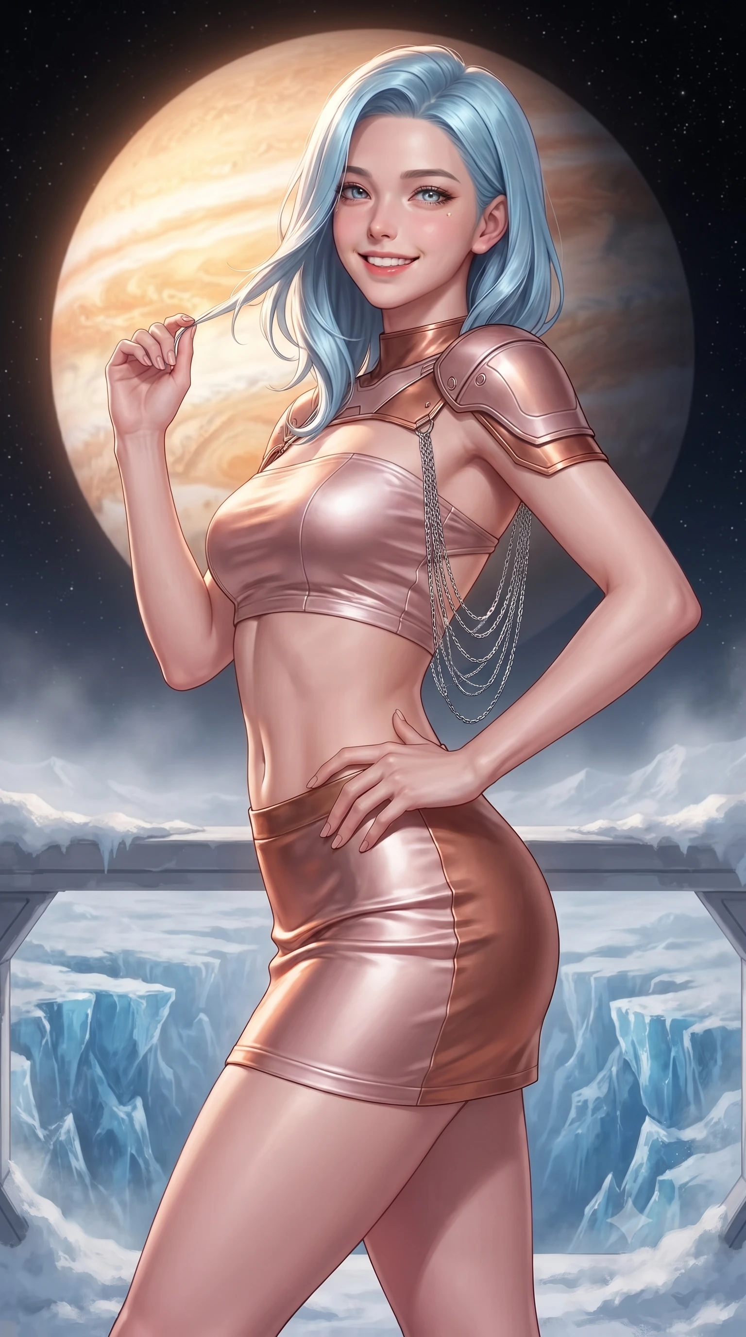 score_9, masterpiece, best quality, ultra-detailed, high-budget anime keyframe, editorial fashion photography, tasteful artistic composition, Korean woman. close-up cowboy shot from the waist and thighs up, the character dominates the composition, filling the frame with her large presence. twisting her slender torso in an alluring contrapposto stance, one hand resting on her sculpted hip while her fingers toy with her hair with effortless poise while standing poised on the snow-sculpted balcony overlooking jagged blue ice crevasses on Europa's surface, arching her back with siren poise as the colossal striped disk of Jupiter fills the heavens. The background shows a soft-focus cryo-frost haze softened in Jupiter-facing surface outpost shallow focus. She has an exceptionally elegant, slender, and willowy female figure with an ultra-slim waist, flat toned midriff, narrow ribcage, and sculpted feminine hips creating an alluring, slim hourglass silhouette without bulk. sharp v-shaped jawline, high-bridge nose, intricate jewel-like sparkling eyes with depth, thick eyelashes, glossy parted lips with a natural peach sheen, bright cheerful beaming smile with an enchanting and coquettish sensual glint, exuding both youthful cute charm and seductive allure, flawlessly proportioned anatomical accuracy, strict slender model proportions, natural body alignment, perfectly sculpted long slender limbs, ultra-slim waistline, clean dynamic posture without body distortion. wearing an ultra-cropped tactical tech-wear bandeau top with molded shoulder armor paired with a micro mini skirt revealing her flat toned midriff in high-gloss rose-gold and burnished copper, crafted from fluid liquid silk satin that clings smoothly to her narrow waist and rounded hips with a dewy sheen, accented with an open-back drape framed by falling strands of delicate chrome chains, the bespoke structured tailoring following the natural line of her 8.5-heads silhouette with refined elegance. bathed in the warm radiant 3000K glow of reflected Jupiter-light contrasted with the pitch-black starfield. ultra-reflective glossy finish, specular highlights, rich textural contrasts, high-contrast stereoscopic depth, volumetric dynamic lighting, 2k, ultra detail, master piece, 9:16 ratio