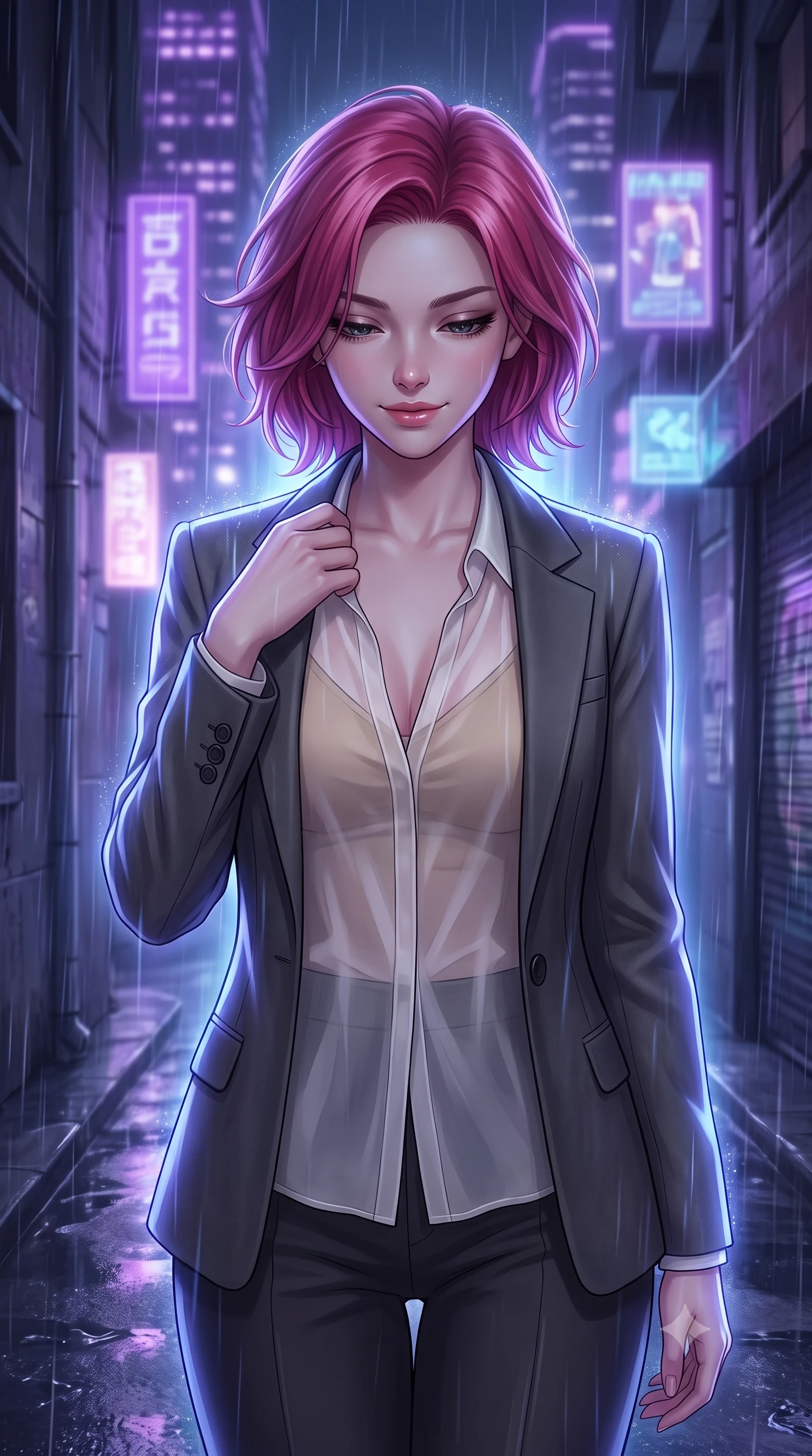 score_9, masterpiece, best quality, ultra-detailed, high-budget anime keyframe, editorial fashion photography, tasteful artistic composition, Caucasian woman, strictly human ears. close-up cowboy shot from the waist and thighs up, the character dominates the composition, filling the frame with her large presence, background elements kept in soft focus. Looking down with a gentle, thoughtful smile full of quiet warmth. set against a soft-focus background of in a narrow alleyway at night during a rainstorm, with wet concrete reflecting the purple neon of nearby skyscrapers and floating holographic ads. She has an exceptionally elegant, slender, and willowy female figure with a highly-defined ultra-slim waist, a gracefully sculpted slender torso, and a refined slim-fit silhouette that contours her form. sharp v-shaped jawline, high-bridge nose, intricate jewel-like eyes with depth, thick eyelashes, glossy lips with a natural sheen. wearing a semi-transparent white organza blouse layered naturally over a beige camisole, under a structured blazer. cool ethereal blue-violet bioluminescent glow wrapping around her from all sides. 2k, ultra detail, master piece, 9:16 ratio