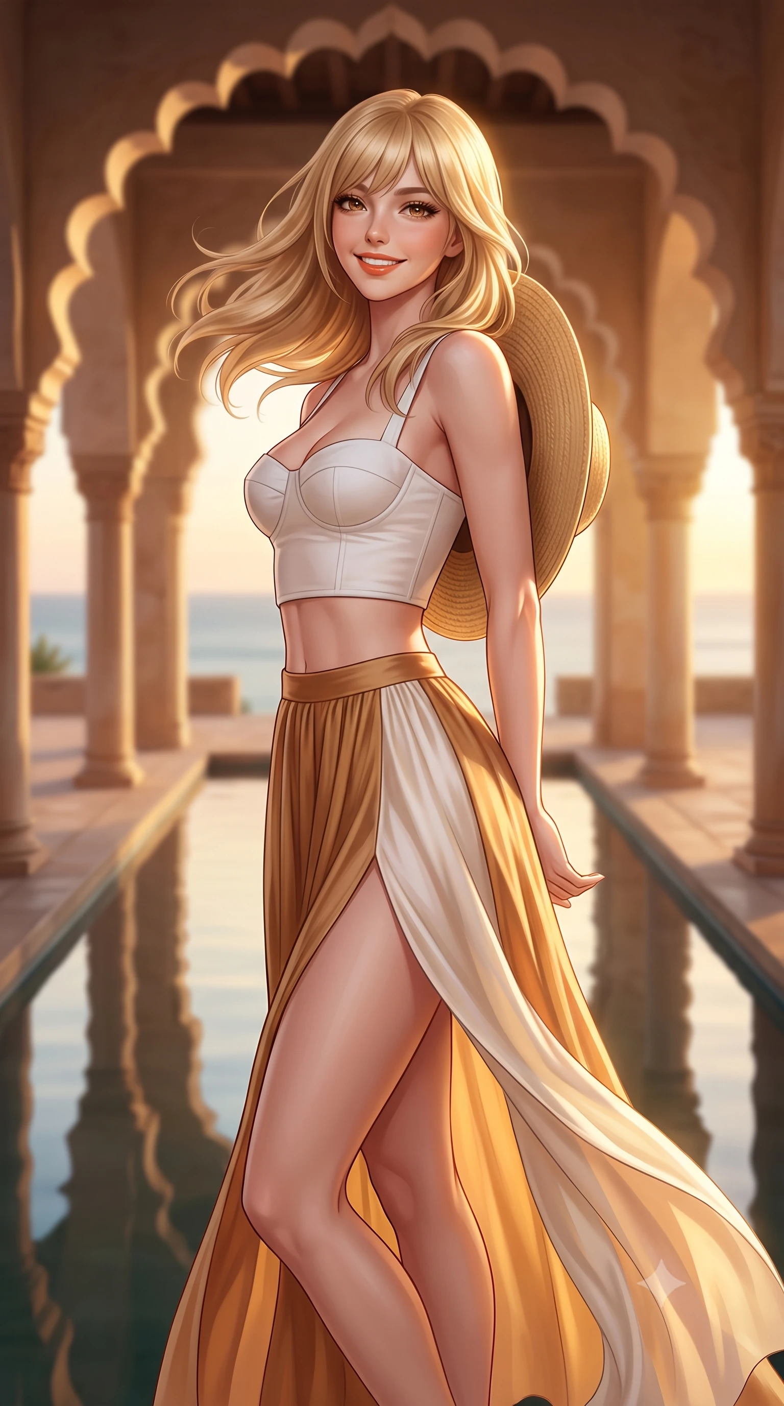 score_9, masterpiece, best quality, ultra-detailed, high-budget anime keyframe, semi-realistic 3D game render, editorial fashion photography, tasteful artistic composition, Japanese woman. close-up cowboy shot from the waist and thighs up, the character dominates the composition, filling the frame with her large presence. turning playfully with a bright confident smile, her glossy hair tossing in the coastal breeze as her hips angle gracefully in a captivating contrapposto while standing poised between the scalloped plaster arches beside the long central reflection pool, arching her spine with dancer-like elegance. The composition keeps background elements in soft focus with dreamy creamy bokeh. still reflection channel waters reflecting the golden sunset sky softened in historic Andalusian shallow focus. She has an exceptionally elegant, slender, and willowy female figure with an ultra-slim waist, flat toned midriff, narrow ribcage, and sculpted feminine hips creating an alluring, slim hourglass silhouette without bulk. sharp v-shaped jawline, high-bridge nose, sparkling amber-hazel eyes with depth, long lush eyelashes, glossy sun-kissed lips with a warm coral glaze, radiant teasing smile with sensual sunlit bedroom-eyes, exuding effortless old-money elegance and intoxicating sun-drenched allure, flawlessly proportioned anatomical accuracy, strict slender model proportions, natural body alignment, perfectly sculpted long slender limbs, ultra-slim waistline, clean dynamic posture without body distortion. wearing a flowing high-slit silk chiffon resort skirt paired with an architectural bustier top framing her flat midriff in warm honey bronze and pearlescent ivory, tailored from crisp cotton poplin with clean structural architectural lines, complemented by a wide-brim straw sunhat held casually behind her back, the high-waisted tailoring accentuating her ultra-slim waistline and the enchanting curve of her feminine hips with alluring sunlit charm. bathed in dramatic Andalusian late-afternoon golden hour sunlight streaming through scalloped arches. highly saturated vibrant anime colors, detailed shading with soft gradients, rich glossy textures, high-contrast stereoscopic depth, volumetric dynamic lighting, master piece, 9:16 ratio