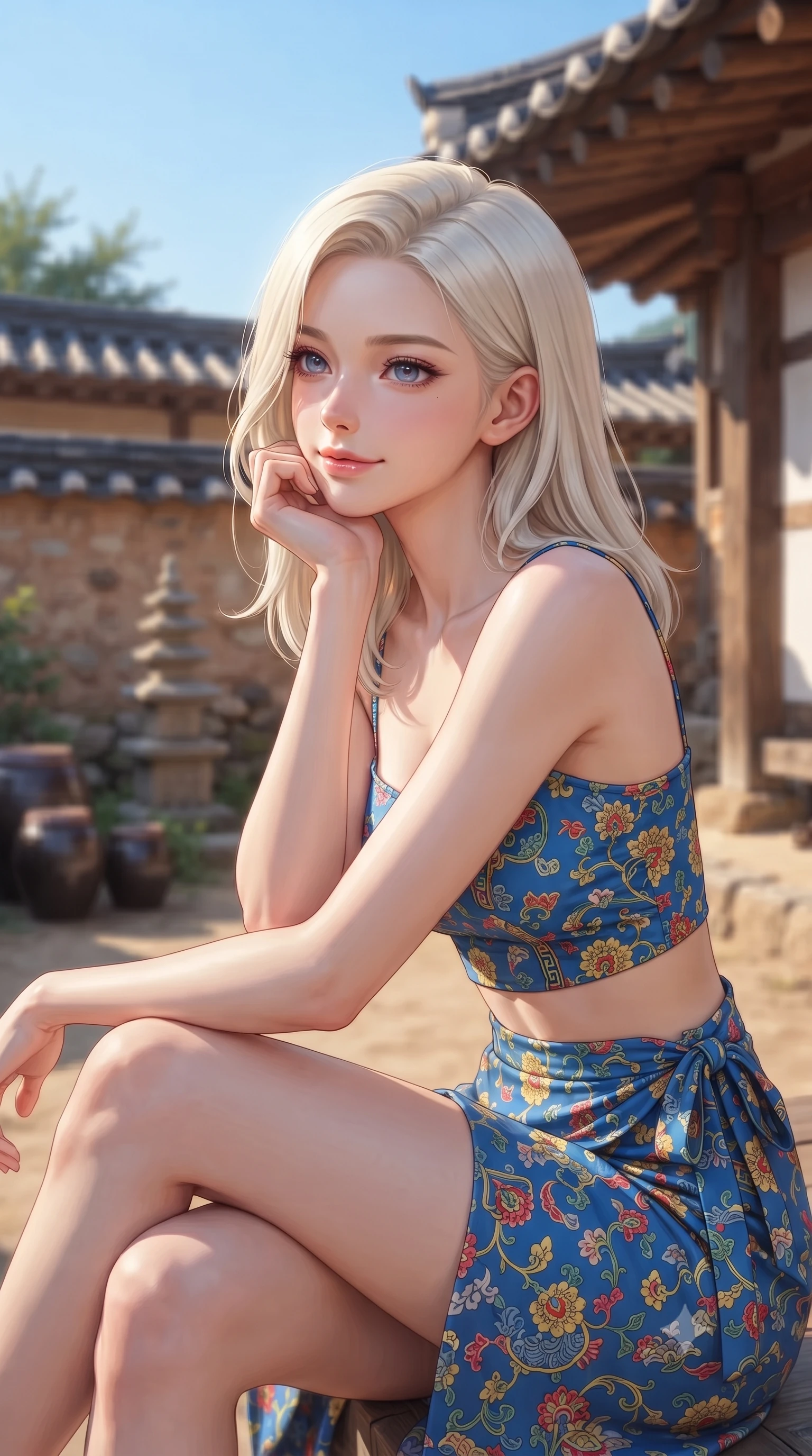 score_9, masterpiece, best quality, ultra-detailed, high-budget anime keyframe, editorial fashion photography, tasteful artistic composition, Caucasian woman woman. close-up cowboy shot from the waist and thighs up, the character dominates the composition, filling the frame with her large presence, background elements kept in soft focus. resting her chin on her hand, looking out at the beautiful scenery with a soft smile the background shows a soft-focus a quiet clay-and-stone courtyard of a traditional Korean hanok house under a blue sky. She has an exceptionally elegant, slender, and willowy female figure with an ultra-slim waist, a gracefully sculpted slender torso, and a refined silhouette. sharp v-shaped jawline, high-bridge nose, intricate jewel-like eyes with depth, thick eyelashes, glossy lips with a natural sheen. wearing a tailored summer vacation crop top and wrap skirt set in floral print cotton, showing her slim waist. bright afternoon sunlight reflecting off the tiled roof and wooden pillars. ultra-reflective glossy finish, specular highlights, metallic sheen, high-contrast stereoscopic depth, volumetric dynamic lighting, 2k, ultra detail, master piece, 9:16 ratio