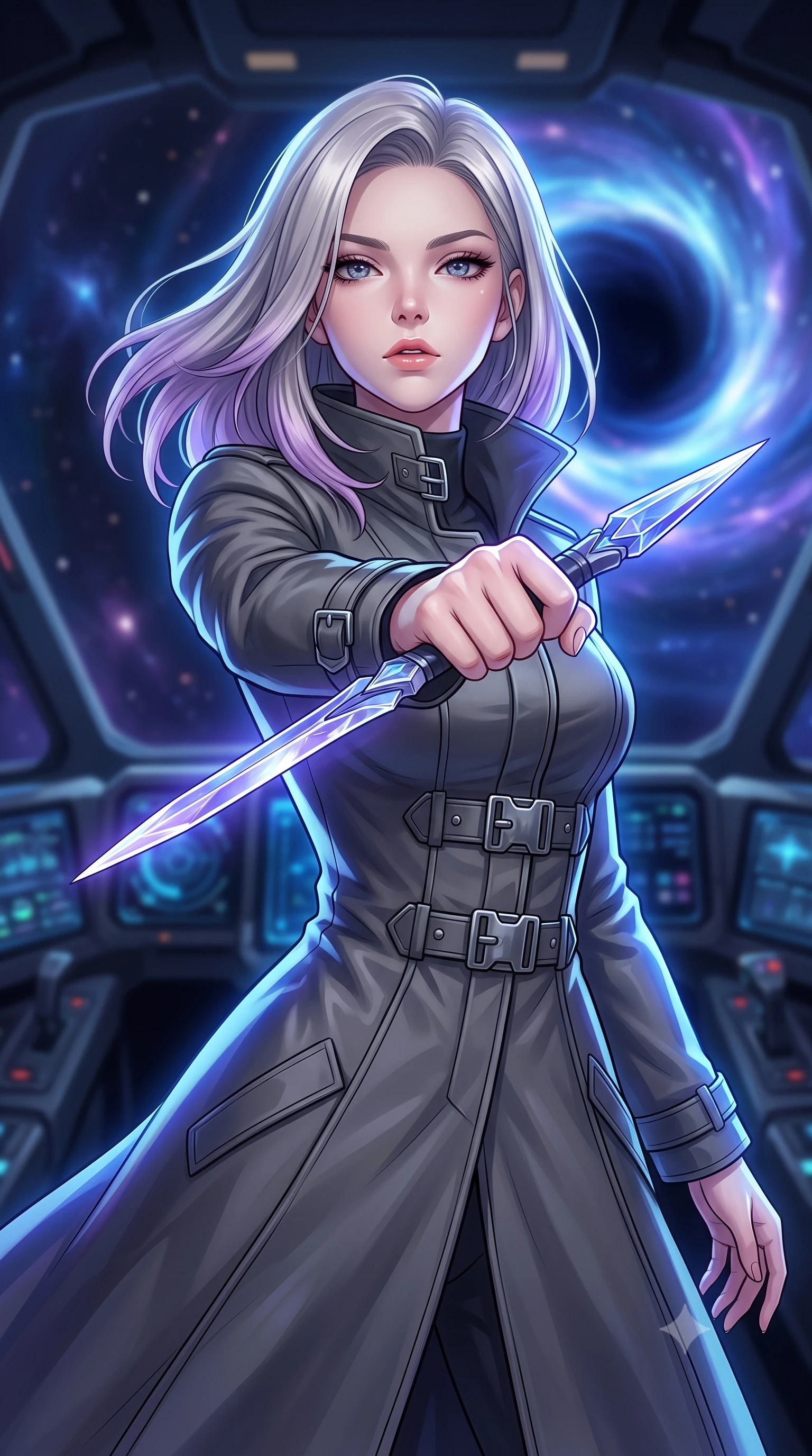 score_9, masterpiece, best quality, ultra-detailed, high-budget anime keyframe, editorial fashion photography, tasteful artistic composition, Caucasian woman. close-up cowboy shot from the waist and thighs up, the character dominates the composition, filling the frame with her large presence, background elements kept in soft focus. pointing a crystal-edged laser dagger forward in a defensive stance, tilting her chin up slightly with lips parted in a composed pose, the background shows a soft-focus a high-tech pilot cockpit facing a swirling gravity well in deep space. She has an exceptionally elegant, slender, and willowy female figure with an ultra-slim waist, a gracefully sculpted slender torso, and a refined silhouette. sharp v-shaped jawline, high-bridge nose, intricate jewel-like eyes with depth, thick eyelashes, glossy lips with a natural sheen. wearing a slim-fit tailored future military trench coat in charcoal grey, worn closed with heavy metallic buckles and high-collar lining. intense blue and violet light ripples from the singularity casting dynamic reflections. highly saturated vibrant anime colors, detailed shading with soft gradients, rich glossy textures, high-contrast stereoscopic depth, volumetric dynamic lighting, master piece, 9:16 ratio