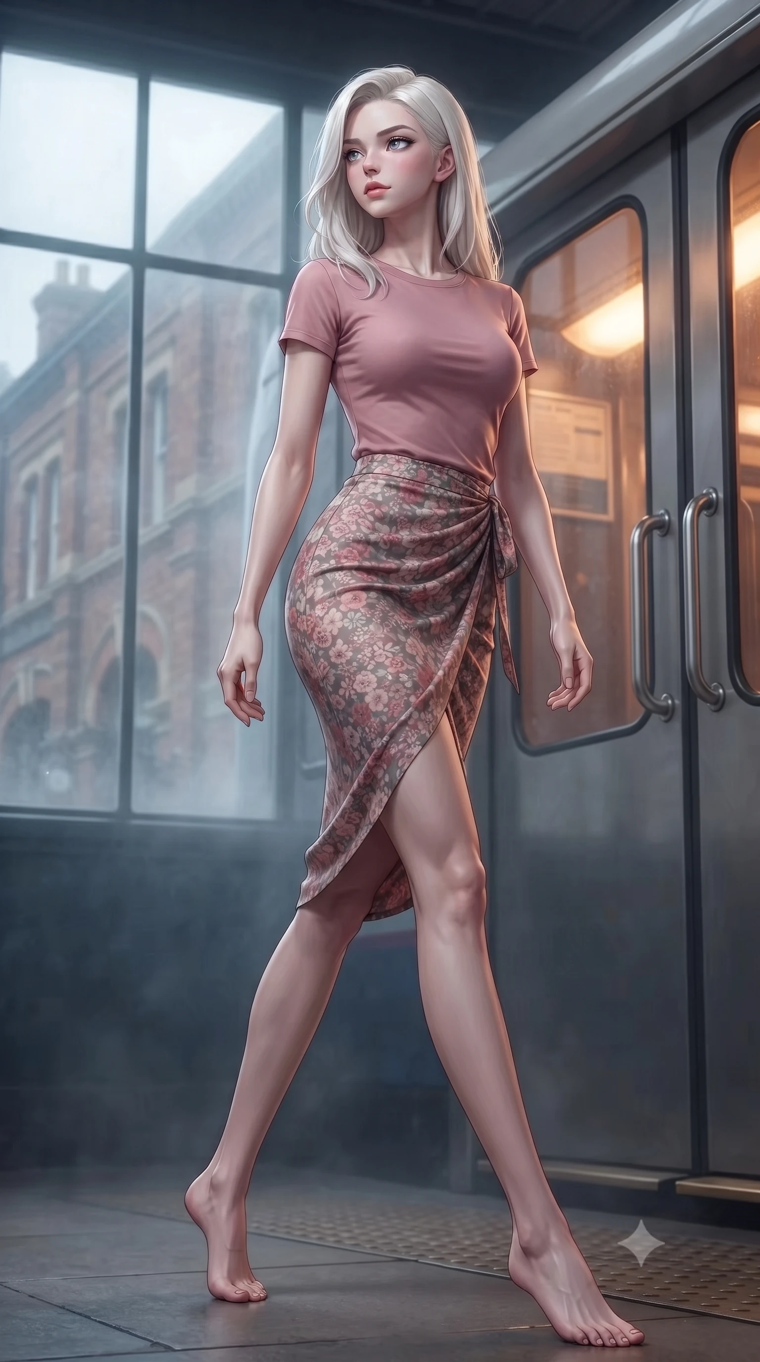 score_9, masterpiece, best quality, ultra-detailed, high-budget anime keyframe, editorial fashion photography, tasteful artistic composition, Caucasian woman. low angle full-body shot from head to toe showing her feet, filling the entire 9:16 vertical frame with her statuesque presence, stretching her vertical silhouette. stepping gracefully while looking back over her shoulder, her dress draped tightly to reveal her silhouette the background shows a soft-focus a train platform vestibule with misty windows showing a historic brick station. She has an absolutely perfect, statuesque 8.5-heads proportion, an exceptionally tall and slender model-like female figure with impossibly long slender legs and an ultra-slim waist. sharp v-shaped jawline, high-bridge nose, intricate jewel-like eyes with depth, thick eyelashes, glossy lips with a natural sheen. wearing a slim-fit simple crewneck t-shirt in dusty pink paired with a floral print wrap skirt. cool ambient daylight contrasting with the warm amber glow of the train's interior lights. ultra-reflective glossy finish, specular highlights, metallic sheen, high-contrast stereoscopic depth, volumetric dynamic lighting, 2k, ultra detail, master piece, 9:16 ratio