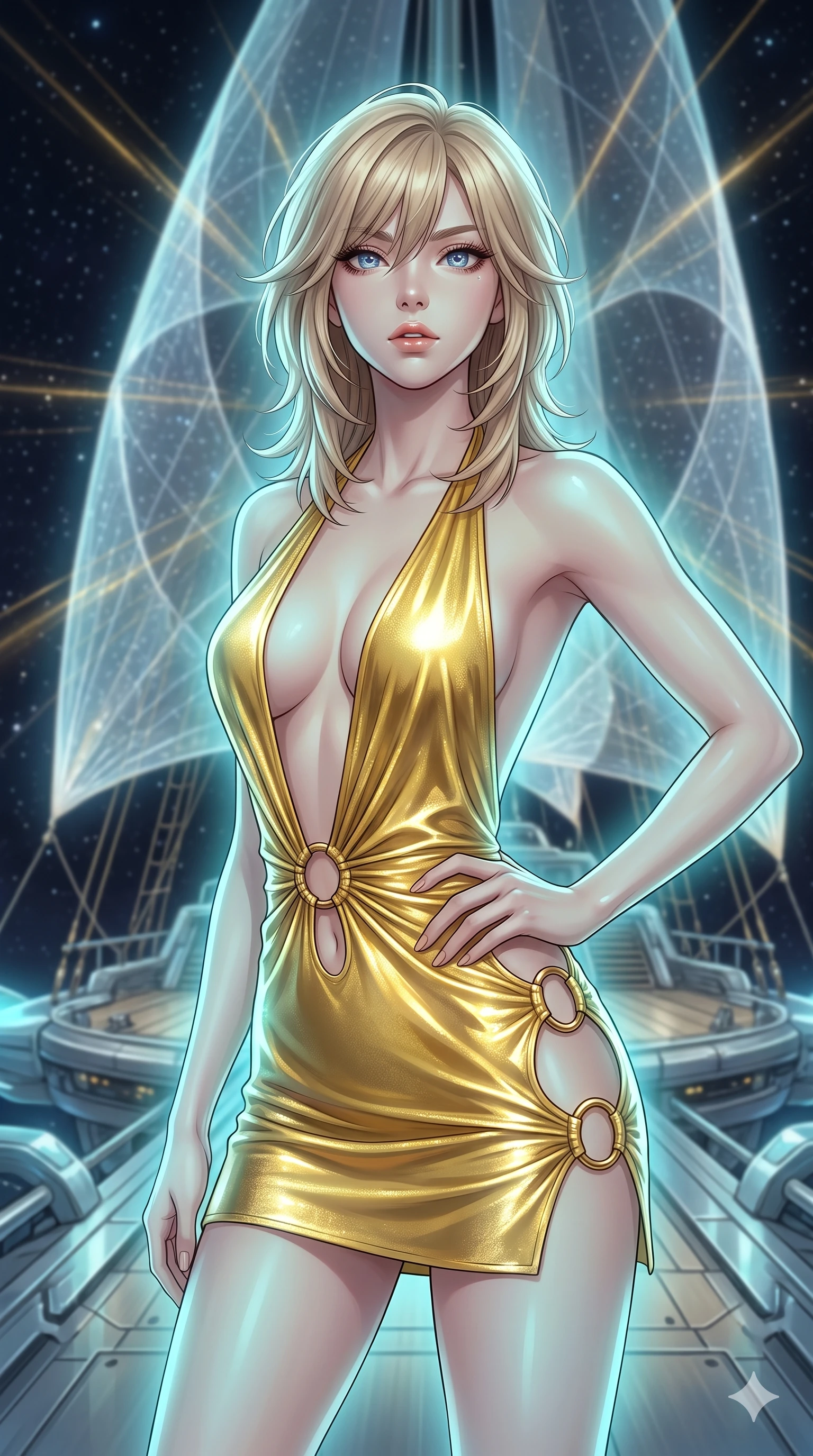 score_9, masterpiece, best quality, ultra-detailed, high-budget anime keyframe, editorial fashion photography, tasteful artistic composition, Japanese woman. close-up cowboy shot from the waist and thighs up, the character dominates the composition, filling the frame with her large presence, background elements kept in soft focus. Looking directly at the camera with a bold fearless expression and parted lips. set against a soft-focus background of the deck of a magnificent interstellar sailing vessel with enormous gossamer light-sails billowing with stellar wind cosmic rays visible as golden streaks against the star-filled void beyond the railings. She has an exceptionally elegant and slender, willowy female figure with an ultra-slim waist, a gracefully sculpted slender torso, and a refined slim physique. sharp v-shaped jawline, high-bridge nose, intricate jewel-like eyes with depth, thick eyelashes, glossy lips with a natural sheen. wearing a backless halter mini dress in liquid yellow gold, featuring a plunging front cutout and gold rings at her waist. soft aqua bioluminescent light making her skin luminously glow against darkness. 2k, ultra detail, master piece, 9:16 ratio