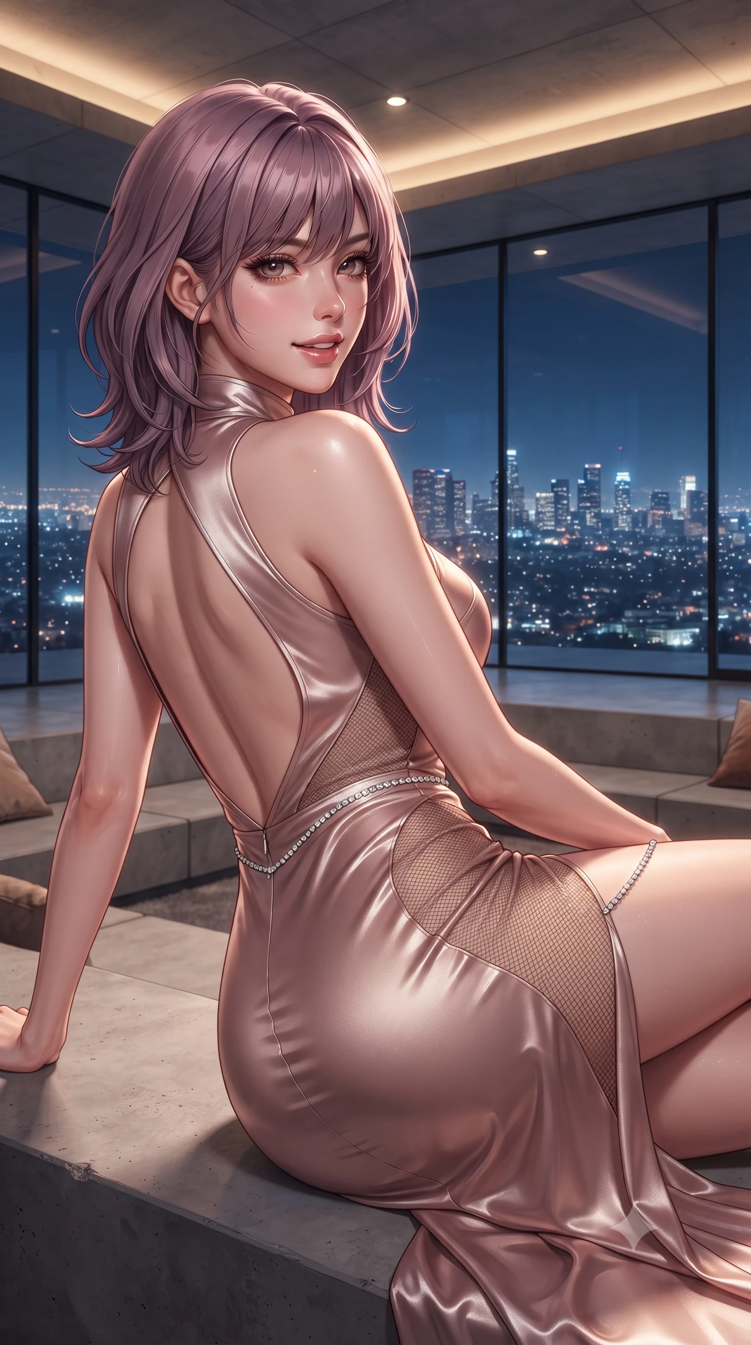 score_9, masterpiece, best quality, ultra-detailed, high-budget anime keyframe, editorial fashion photography, tasteful artistic composition, Japanese woman. close-up cowboy shot from the waist and thighs up, the character dominates the composition, filling the frame with her large presence. turning over a bare shoulder with an intoxicating, teasing smile, her soft hair framing her sharp jawline as her hips angle gracefully while lounging in the iconic angular concrete sunken living room, arching her back as the glittering Los Angeles city lights spread endlessly beyond frameless glass. The surrounding environment is rendered in vivid detail and crisp panoramic clarity. detailed satin evening slip dress sheen, city light glints on skin, and LA basin skyline clarity in high resolution. She has an exceptionally elegant, slender, and willowy female figure with an ultra-slim waist, flat toned midriff, narrow ribcage, and sculpted feminine hips creating an alluring, slim hourglass silhouette without bulk. sharp v-shaped jawline, high-bridge nose, intricate jewel-like eyes with depth, thick eyelashes, glossy parted lips with a natural sheen, intensely captivating and seductive bedroom-eyes expression, flawlessly proportioned anatomical accuracy, strict slender model proportions, natural body alignment, perfectly sculpted long slender limbs, ultra-slim waistline, clean dynamic posture without body distortion. wearing a wet-look silk fusion wrap dress with asymmetrical sheer mesh cutouts and high Mandarin collar in dusky blush rose and champagne shimmer, made of fluid silk crepe with delicate inner corsetry boning, accented with a dainty diamond waist chain catching the ambient light reflections, the dramatically scooped open back descending to the base of her spine, accentuating her razor-sharp statuesque lines and slim hourglass silhouette. bathed in warm recessed architectural cove lighting contrasting with cool blue night city ambient skylight. ultra-reflective glossy finish, specular highlights, rich textural contrasts, high-contrast stereoscopic depth, volumetric dynamic lighting, 2k, ultra detail, master piece, 9:16 ratio
