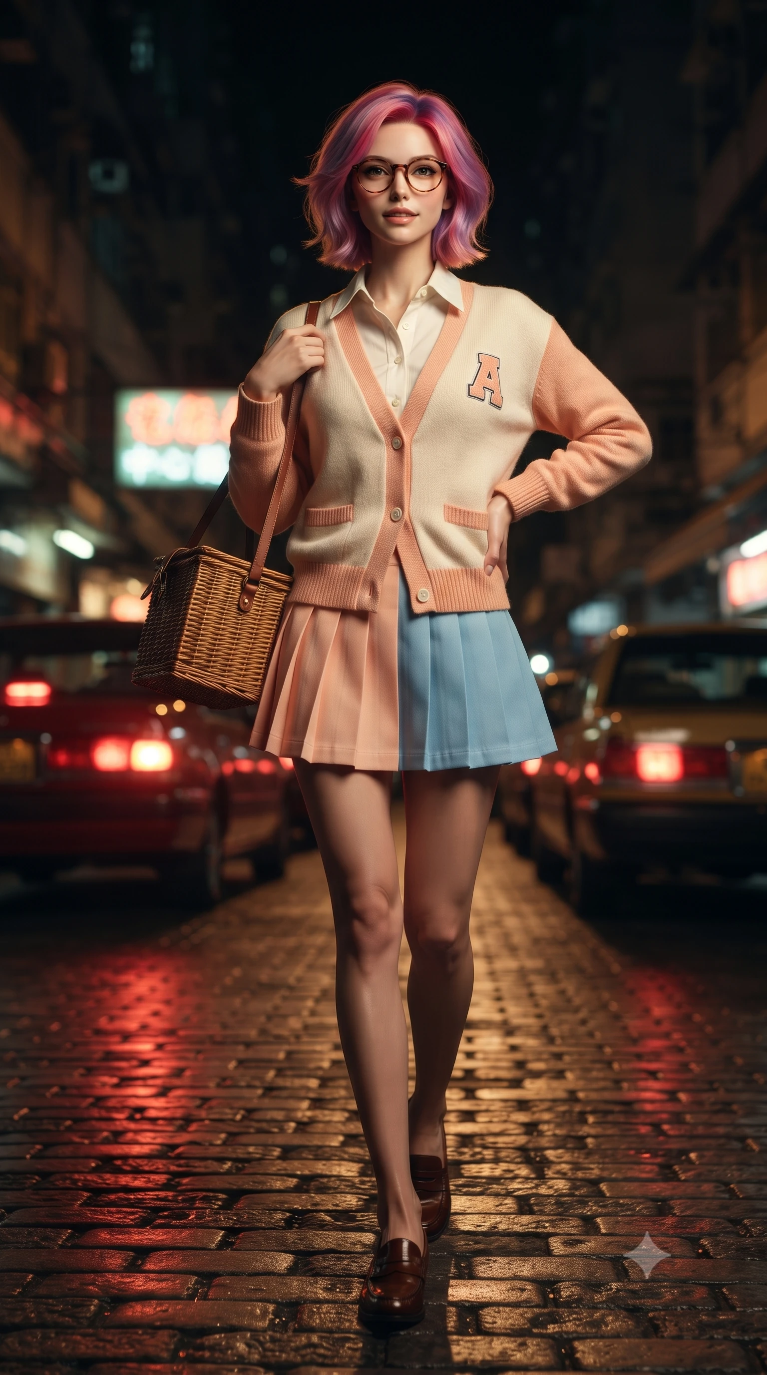 score_9, masterpiece, best quality, ultra-detailed, high-budget anime keyframe, editorial fashion photography, tasteful artistic composition, Caucasian woman. low angle full-body shot from head to toe showing her feet, filling the entire 9:16 vertical frame with her statuesque presence, stretching her vertical silhouette. standing poised with one hip cocked in an alluring high-fashion pose, her tall 8.5-heads proportions dominating the scene while walking dynamically down the wet cobblestone street as red taillights of vintage cars leave cinematic light streaks. The surrounding environment is rendered in vivid detail and crisp panoramic clarity. authentic 90s film noir chiaroscuro and atmospheric retro Asian city nightlife rendered in precision. She has an absolutely perfect, statuesque 8.5-heads proportion, an exceptionally tall and slender model-like female figure with impossibly long slender legs, a toned flat midriff, and an ultra-slim waist. sharp v-shaped jawline, high-bridge nose, intricate jewel-like eyes with depth, thick eyelashes, glossy lips with a natural sheen, captivating and magnetic expression, flawlessly proportioned anatomical accuracy, strict slender model proportions, natural body alignment, perfectly sculpted long slender limbs, ultra-slim waistline, clean dynamic posture without body distortion. wearing a preppy 80s varsity cardigan sweater layered over a crisp collared button-down shirt and a tennis pleated skirt in soft peach and French sky blue, crafted from ultra-soft brushed fleece and vintage-washed jersey, accessorized with a rustic woven wicker basket bag and round tortoiseshell glasses, the sleek tailored cut tightly hugging her graceful clavicle, narrow waist, and feminine curves with statuesque precision. illuminated by warm golden diner window key light sculpting her cheekbones and joyful expression. ultra-reflective glossy finish, specular highlights, rich textural contrasts, high-contrast stereoscopic depth, volumetric dynamic lighting, 2k, ultra detail, master piece, 9:16 ratio