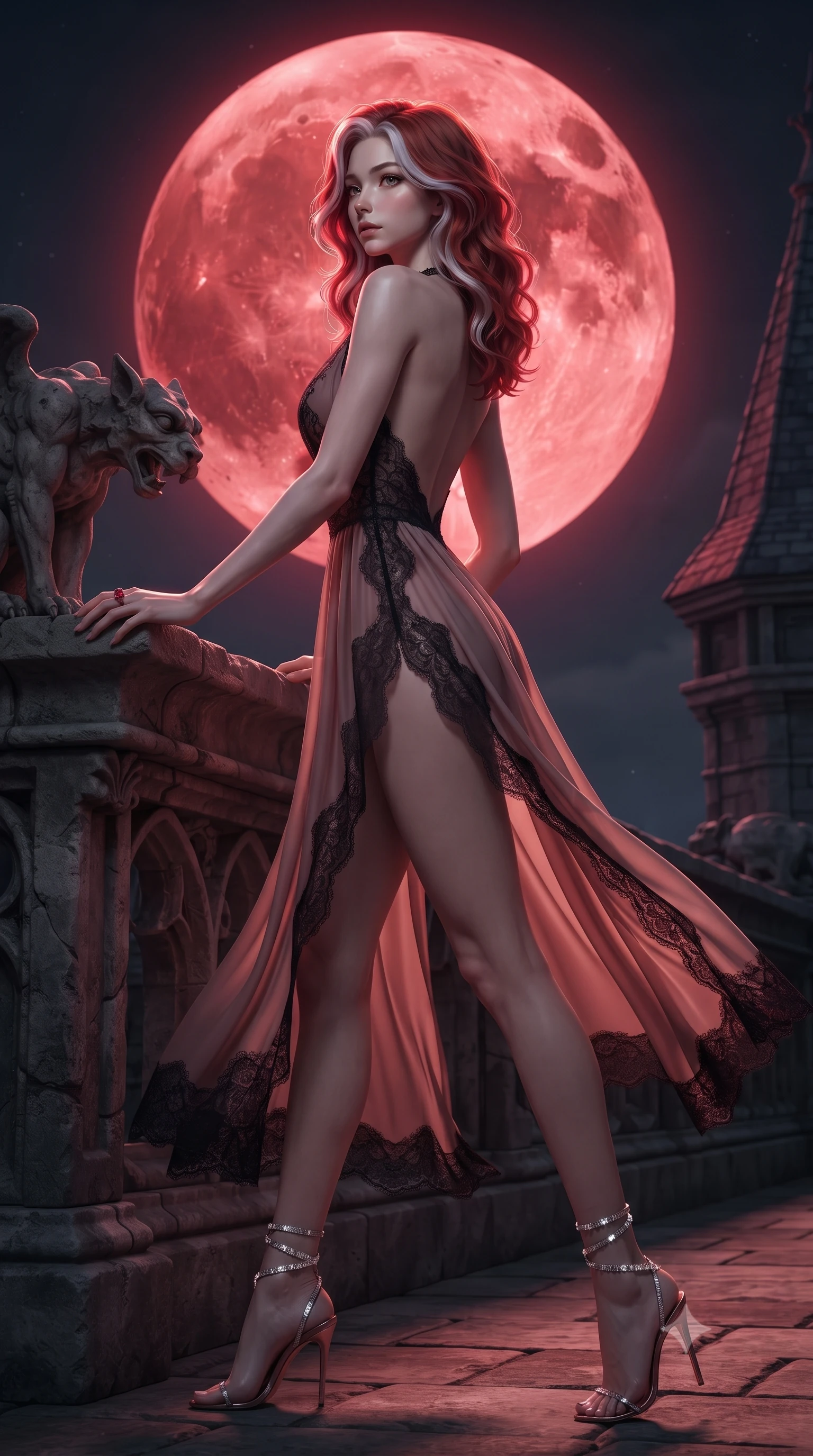 score_9, masterpiece, best quality, ultra-detailed, high-budget anime keyframe, editorial fashion photography, tasteful artistic composition, Caucasian woman. low angle full-body shot from head to toe showing her feet, filling the entire 9:16 vertical frame with her statuesque presence, stretching her vertical silhouette. walking along the terrace with poise, looking back over her bare shoulder with an irresistible smoldering bedroom-gaze while leaning against the carved stone gargoyle parapet with hips cocked back, looking back toward the giant crimson moon with bedroom-eyes. The surrounding environment is rendered in vivid detail and crisp panoramic clarity: detailed lace corset bodice texture, ruby ring gleam, and medieval fortification masonry in razor-sharp precision. She has an absolutely perfect, statuesque 8.5-heads proportion, an exceptionally tall and slender model-like female figure with impossibly long slender legs, an ultra-slim waist, a flat toned midriff, narrow delicate ribcage, and beautifully sculpted feminine hips creating a graceful, slim hourglass silhouette without any bulky heaviness. sharp v-shaped jawline, high-bridge nose, sparkling eyes with hypnotic seductive depth, thick curled eyelashes, glossy parted lips with a natural dewy peach sheen, alluring bedroom-eyes with an enchanting coquettish smile, exuding magnetic siren charisma and sophisticated glamour, flawlessly proportioned anatomical accuracy, strict slender model proportions, natural body alignment, perfectly sculpted long slender limbs, ultra-slim waistline, clean dynamic posture without body distortion. wearing a deep V-neck sheer gossamer chiffon vampire dress with an open-back scoop and dramatic flowing side leg slit in dusky blush rose and antique black lace, made of semi-opaque stretch illusion mesh with soft shadowy contours, complemented by strappy stiletto sandals with crystal ankle wraps accentuating her slender calves, the high-slit wrap tailoring accentuating her ultra-slim waistline and the enchanting curve of her feminine hips with alluring seductive charm. illuminated by stone parapet reflection fill and sharp deep-crimson rim lights sculpting her jawline, flat midriff, and curvy hips. ultra-reflective glossy finish, specular highlights, rich textural contrasts, high-contrast stereoscopic depth, volumetric dynamic lighting, 2k, ultra detail, master piece, 9:16 ratio