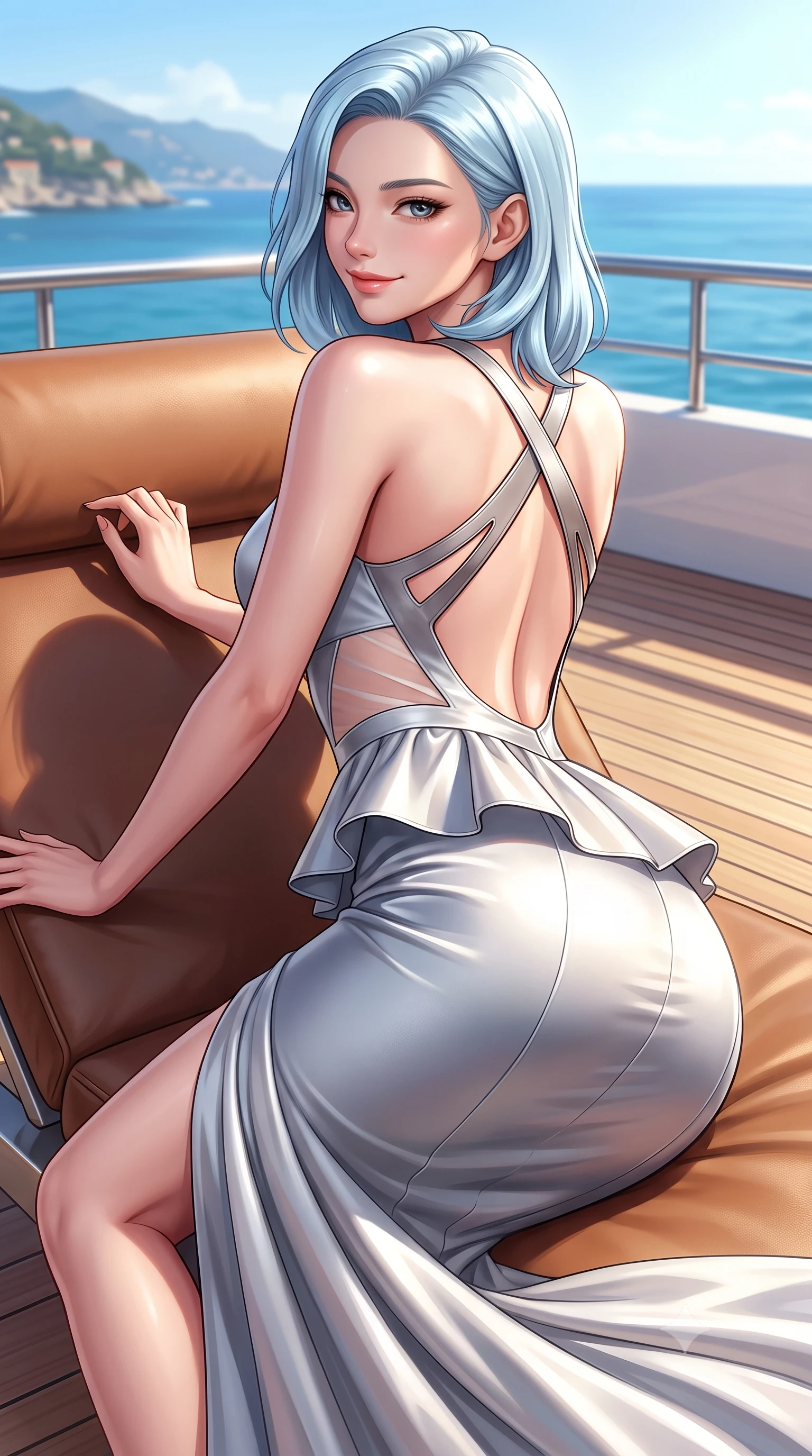 score_9, masterpiece, best quality, ultra-detailed, high-budget anime keyframe, semi-realistic 3D game render, editorial fashion photography, tasteful artistic composition, Korean woman. close-up cowboy shot from the waist and thighs up, the character dominates the composition, filling the frame with her large presence. turning over a bare shoulder with an intoxicating, teasing smile, her soft hair framing her sharp jawline as her hips angle gracefully while lounging languidly across an outdoor leather yacht lounger, one leg extended and torso propped on one elbow to accentuate her sweeping hip line. The surrounding environment is rendered in vivid detail and crisp panoramic clarity. rich high-contrast French Riviera chiaroscuro and ultra-luxury jet-set elegance rendered with precision. She has an exceptionally elegant, slender, and willowy female figure with an ultra-slim waist, a gracefully sculpted slender torso, toned flat midriff, and rounded feminine hips creating an alluring hourglass silhouette. sharp v-shaped jawline, high-bridge nose, intricate jewel-like eyes with depth, thick eyelashes, glossy parted lips with a natural sheen, intensely captivating and seductive bedroom-eyes expression, flawlessly proportioned anatomical accuracy, strict slender model proportions, natural body alignment, perfectly sculpted long slender limbs, ultra-slim waistline, clean dynamic posture without body distortion. wearing a structural geometric peplum gown with sheer side-ribbon cutouts and form-fitting skirt in shimmering silver mercury and pearl white, tailored from ultra-smooth duchess satin with a pearlescent sheen, featuring an open-back criss-cross harness strap in dark leather, the precision-cut side openings and low-back scoop framing her graceful spine and the sensual sweep of her hips. illuminated by crisp directional spotlights sharply defining her narrow waistline, sculpted spine, and curvy hips. highly saturated vibrant anime colors, detailed shading with soft gradients, rich glossy textures, high-contrast stereoscopic depth, volumetric dynamic lighting, master piece, 9:16 ratio