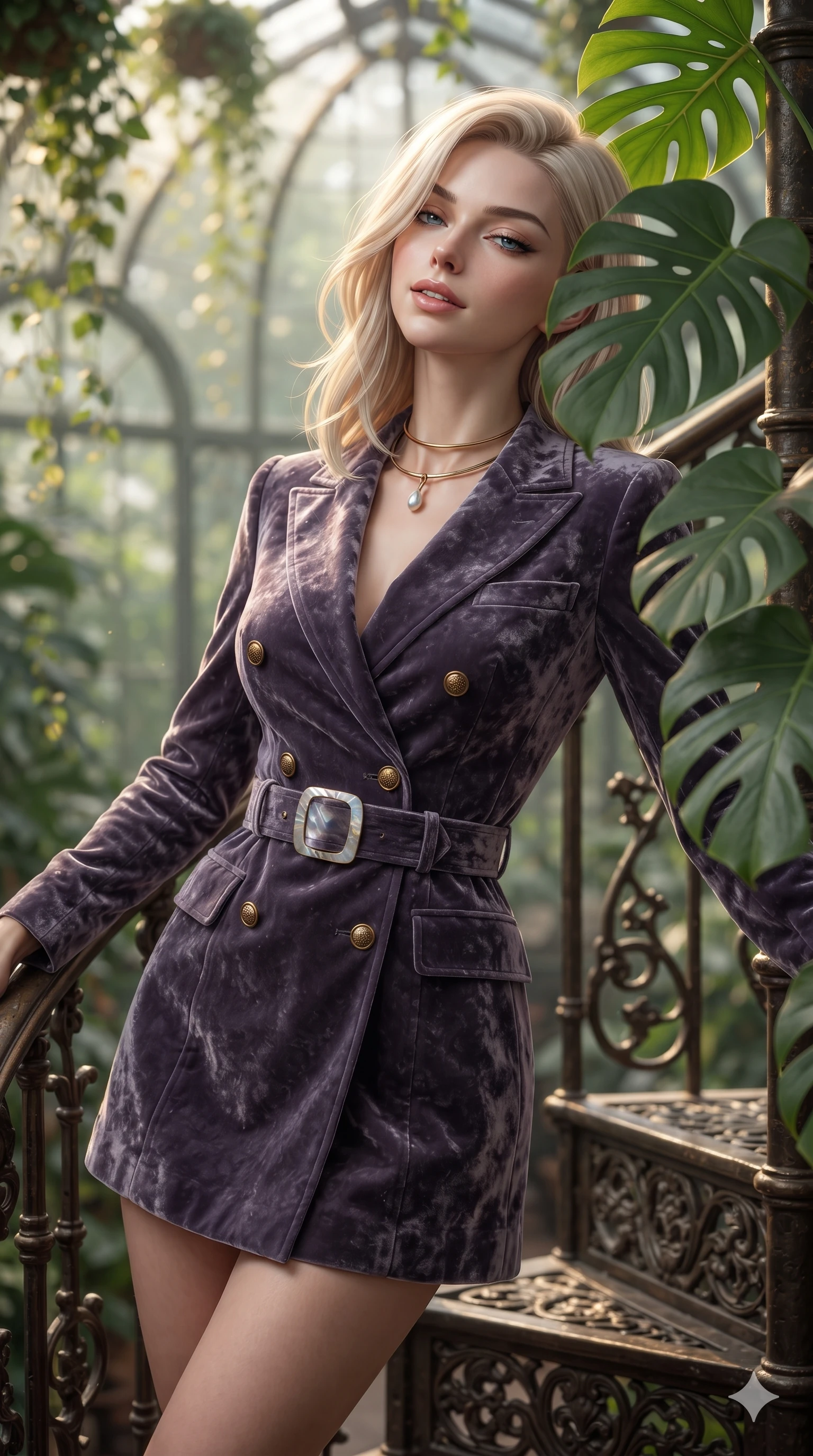 score_9, masterpiece, best quality, ultra-detailed, high-budget anime keyframe, editorial fashion photography, tasteful artistic composition, Caucasian woman. close-up cowboy shot from the waist and thighs up, the character dominates the composition, filling the frame with her large presence. leaning back against the balustrade with relaxed seductive grace, head tilted back slightly while casting a hypnotic, heavy-lidded gaze while leaning against the ornate cast-iron spiral stair railing with hips cocked back, looking through split monstera leaves with an irresistible, parted-lip smile. The background shows a soft-focus hanging tropical vines, ornate cast-iron balustrades, and soaring glasshouse arches blurred into emerald, jade, and gold bokeh. She has an exceptionally elegant, slender, and willowy female figure with an ultra-slim waist, flat toned midriff, narrow ribcage, and sculpted feminine hips creating an alluring, slim hourglass silhouette without bulk. sharp v-shaped jawline, high-bridge nose, sparkling eyes with hypnotic seductive depth, thick curled eyelashes, glossy parted lips with a natural dewy peach sheen, alluring bedroom-eyes with an enchanting coquettish smile, exuding magnetic siren charisma and sophisticated glamour, flawlessly proportioned anatomical accuracy, strict slender model proportions, natural body alignment, perfectly sculpted long slender limbs, ultra-slim waistline, clean dynamic posture without body distortion. wearing a tailored double-breasted botanist safari jacket dress with brass buttons and structured waist belt in iridescent mother-of-pearl and misty lavender, tailored from crushed dark velvet with deep light-absorbing plush texture, finished with a minimalist gold choker and a single teardrop pearl pendant, the impeccably tailored cut draping gracefully along her slender figure with aristocratic botanical poise. illuminated by glasshouse floor reflection bounce and sharp warm-gold rim lights sculpting her jawline, ultra-slim waist, and curvy hips. ultra-reflective glossy finish, specular highlights, rich textural contrasts, high-contrast stereoscopic depth, volumetric dynamic lighting, 2k, ultra detail, master piece, 9:16 ratio