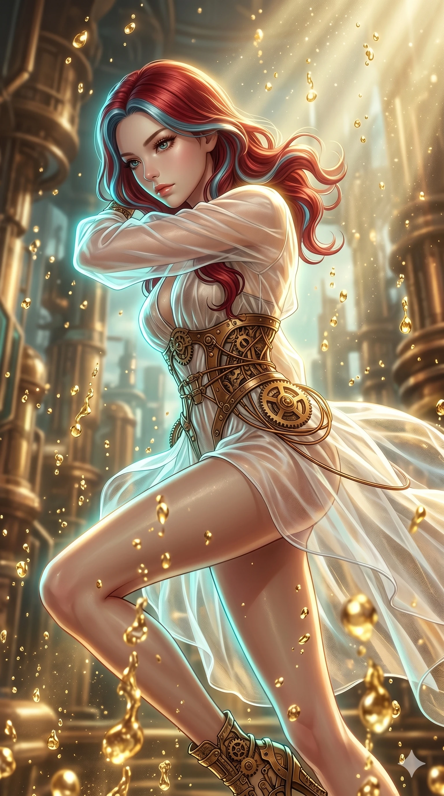 score_9, masterpiece, best quality, ultra-detailed, high-budget anime keyframe, Japanese woman. upper body close-up from the thighs up, character filling the screen for maximum presence. dodging ethereal liquid gold rain that rises upward from the ground in warm shimmering droplets under an inverted gravity field. She has an absolutely perfect 8-heads proportion, an exceptionally tall and slender female figure with impossibly long slender legs and an ultra-slim waist. V-shaped jawline, high-bridge nose, intricate jewel-like eyes with depth, thick eyelashes, glossy lips with a natural sheen.. wearing a chrono-gear wire harness couture, featuring micro-bronze gear wire harness cinching her waist, over a translucent white organza overlay. bathed in brilliant cinematic volumetric lighting and intense neon rim light highlighting her slender form. 2k, ultra detail, master piece, 9:16 ratio