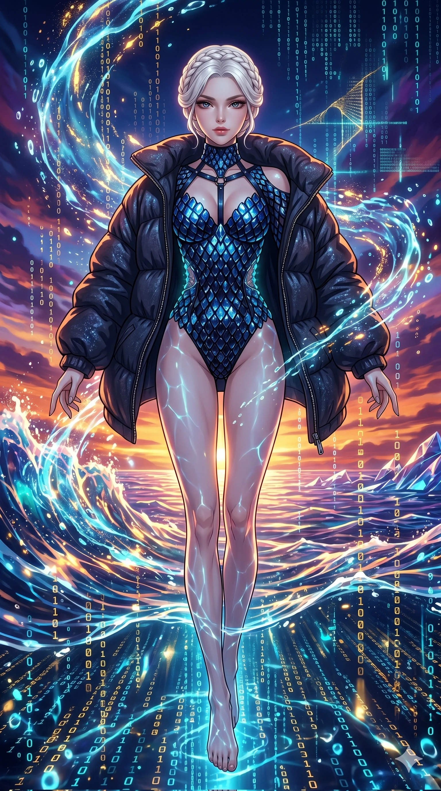 score_9, masterpiece, best quality, ultra-detailed, High-budget Anime Keyframe, vibrant colors, fluid line-art, expressive lighting, cinematic composition, Ufotable-style visual effects, top-tier animation quality, Korean woman with idol-like refined features. Dramatic low angle looking up at her majestic stature, dominating the vertical space of the composition. Diving into a vast sea of digital code and liquid light, her form becoming one with the stream of information. She has an absolutely perfect 8-heads proportion, an exceptionally tall and slender female figure with impossibly long slender legs and an ultra-slim waist, her statuesque height and towering silhouette dominating the vertical 9:16 frame. Her face is a masterpiece featuring a sharp v-shaped jawline, high-bridge nose, intricate jewel-like eyes with depth, thick eyelashes, and glossy lips with a natural sheen. She is wearing a Oversized puffer jacket worn over a micro-shorts and harness set, unzipped to reveal her chest crafted from Obsidian-glass scales that shimmer with a dark, crystalline brilliance, boasting shoulder cut-outs and a glowing spinal interface visible through the back. The scene is set in a vibrant sunset over a futuristic crystalline ocean with waves made of liquid light, illuminated by underwater caustic lighting with ripples of light dancing across her body. 2k, ultra detail, master piece, 9:16 ratio