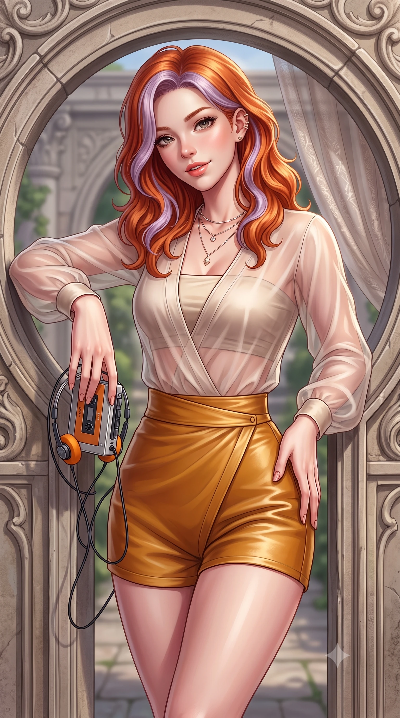 score_9, masterpiece, best quality, ultra-detailed, high-budget anime keyframe, semi-realistic 3D game render, editorial fashion photography, tasteful artistic composition, Caucasian woman. close-up cowboy shot from the waist and thighs up, the character dominates the composition, filling the frame with her large presence. tilting her head with a teasing half-smile, running one hand slowly down the side of her hip in a flirtatious S-curve as ambient light caresses her silhouette while leaning against the curved stone archway with hips cocked back, looking through the circular frame with an alluring, parted-lip smile. The surrounding environment is rendered in vivid detail and crisp panoramic clarity: detailed semi-sheer silk drape, dainty body jewelry shine, and garden gate architecture in razor-sharp precision. She has an exceptionally elegant, slender, and willowy female figure with an ultra-slim waist, flat toned midriff, narrow ribcage, and sculpted feminine hips creating an alluring, slim hourglass silhouette without bulk. sharp v-shaped jawline, high-bridge nose, sparkling eyes with hypnotic seductive depth, thick curled eyelashes, glossy parted lips with a natural dewy peach sheen, alluring bedroom-eyes with an enchanting coquettish smile, exuding magnetic siren charisma and sophisticated glamour, flawlessly proportioned anatomical accuracy, strict slender model proportions, natural body alignment, perfectly sculpted long slender limbs, ultra-slim waistline, clean dynamic posture without body distortion. wearing a deep V-neck sheer gossamer hanbok blouse layered over an opaque silk bandeau and high-waisted wrap shorts in warm amber honey and antique gold leaf, woven from buttery-soft stretch lambskin leather adhering to her body like a second skin, complemented by a retro cassette walkman with vintage foam-padded orange headphones, the glove-like clinging cut tightly following the natural contour of her hips and long slender legs with youthful 8.5-heads elegance. illuminated by stone bounce fill and sharp platinum rim lights defining her collarbones, narrow waist, and curvy hips. highly saturated vibrant anime colors, detailed shading with soft gradients, rich glossy textures, high-contrast stereoscopic depth, volumetric dynamic lighting, master piece, 9:16 ratio