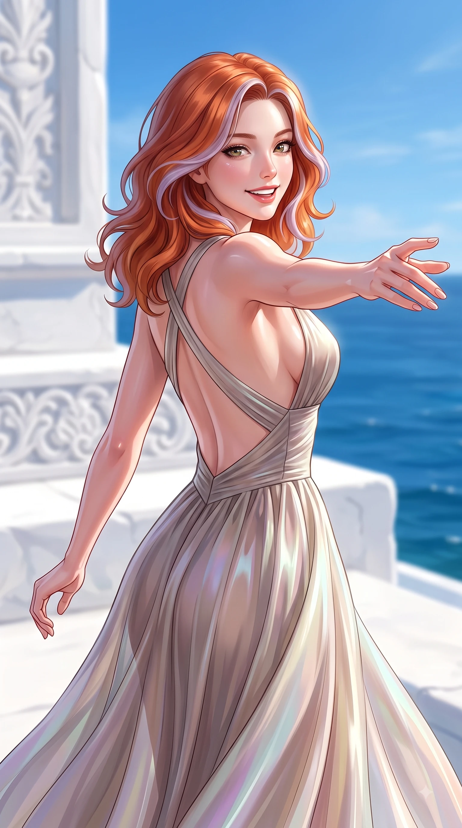 score_9, masterpiece, best quality, ultra-detailed, high-budget anime keyframe, editorial fashion photography, tasteful artistic composition, Caucasian woman. close-up cowboy shot from the waist and thighs up, the character dominates the composition, filling the frame with her large presence, background elements kept in soft focus. Cheerful beaming smile with parted lips, exuding pure enchanting charm while turning dynamically toward the camera while reaching her arm out toward the ocean breeze while looking back with a warm delightful smile, pristine white stone architecture contrasting brilliantly with deep azure sea and blue skies. She has an exceptionally elegant, slender, and willowy female figure with an ultra-slim waist, a gracefully sculpted slender torso, and a refined silhouette. sharp v-shaped jawline, high-bridge nose, intricate jewel-like eyes with depth, thick eyelashes, glossy lips with a natural sheen, flawlessly proportioned anatomical accuracy, natural body alignment, perfectly sculpted elegant limbs, clean dynamic posture without body distortion. wearing a translucent iridescent chiffon gown with a plunging neckline and open back in muted taupe and soft ivory, crafted from smooth liquid silk, complemented by criss-cross back straps highlighting her bare shoulders, the tailored fabric tightly following every curve of her athletic build. surrounded by a clear, sun-drenched atmosphere with crisp cheerful highlights. ultra-reflective glossy finish, specular highlights, metallic sheen, high-contrast stereoscopic depth, volumetric dynamic lighting, 2k, ultra detail, master piece, 9:16 ratio