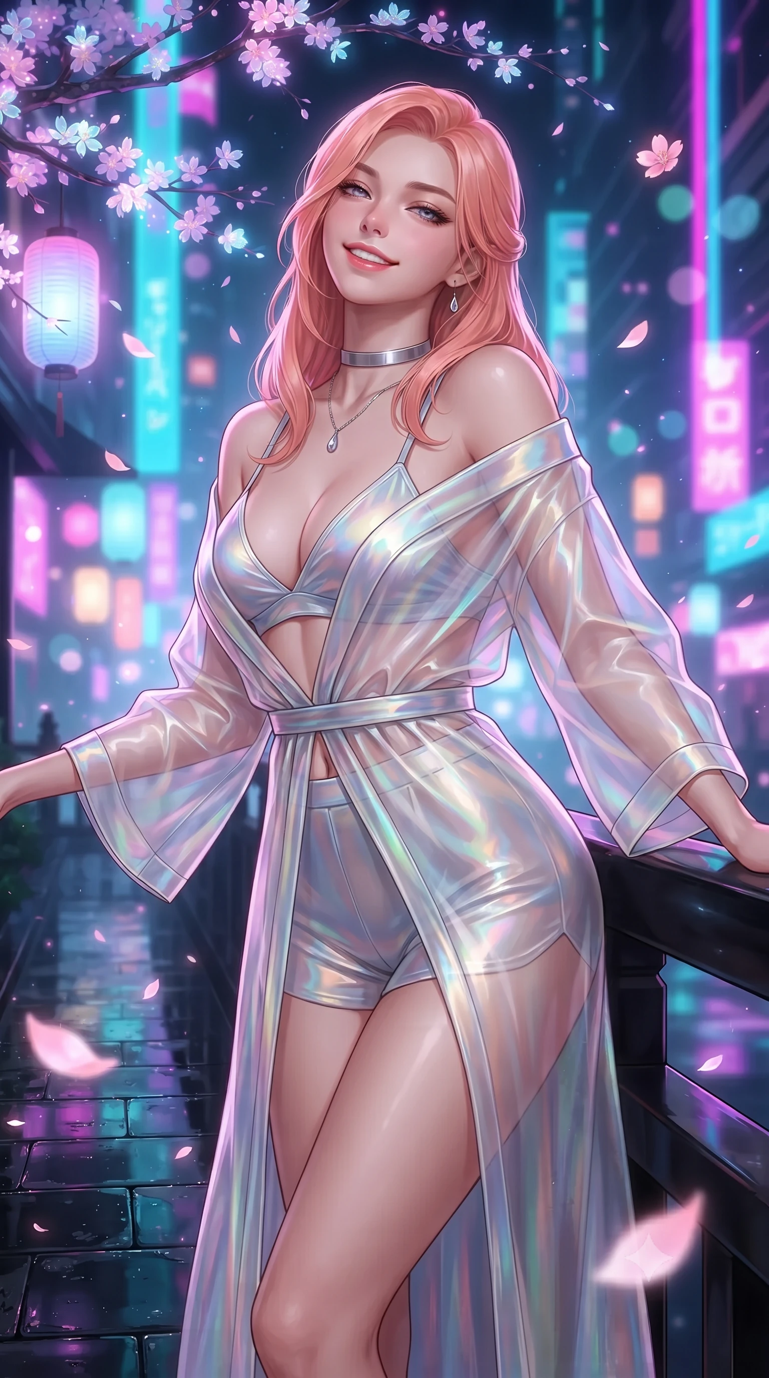 score_9, masterpiece, best quality, ultra-detailed, high-budget anime keyframe, editorial fashion photography, tasteful artistic composition, Japanese woman. close-up cowboy shot from the waist and thighs up, the character dominates the composition, filling the frame with her large presence. leaning back against the balustrade with relaxed seductive grace, head tilted back slightly while casting a hypnotic, heavy-lidded gaze while standing poised on the wet black obsidian pathway beneath bioluminescent glass sakura branches, arching her lower back with sovereign supermodel grace as glowing petal holograms drift through the air. The background shows a soft-focus floating bioluminescent pink sakura petals, glowing holographic lanterns, and vertical neon sky-freeway ribbons blurred into fuchsia, cyan, and amethyst bokeh. She has an exceptionally elegant, slender, and willowy female figure with an ultra-slim waist, flat toned midriff, narrow ribcage, and sculpted feminine hips creating an alluring, slim hourglass silhouette without bulk. sharp v-shaped jawline, high-bridge nose, intricate jewel-like sparkling eyes with depth, thick eyelashes, glossy parted lips with a natural peach sheen, bright cheerful beaming smile with an enchanting and coquettish sensual glint, exuding both youthful cute charm and seductive allure, flawlessly proportioned anatomical accuracy, strict slender model proportions, natural body alignment, perfectly sculpted long slender limbs, ultra-slim waistline, clean dynamic posture without body distortion. wearing a translucent iridescent organza kimono robe slipping off bare shoulders over a matching satin micro-bralette and shorts in iridescent mother-of-pearl and liquid molten silver, woven from stretch metallic lurex jersey casting radiant starlight glints across her curves, finished with a minimalist chrome choker and a single teardrop diamond pendant, the liquid-tight tailored fabric clinging flawlessly to her narrow waist and rounded feminine hips, emphasizing every millimeter of her sculpted slim hourglass curves without any bulky heaviness. illuminated by floor pool reflection bounce and sharp laser-cyan rim lights sculpting her razor-sharp jawline, narrow waist, and curvy hips. ultra-reflective glossy finish, specular highlights, rich textural contrasts, high-contrast stereoscopic depth, volumetric dynamic lighting, 2k, ultra detail, master piece, 9:16 ratio