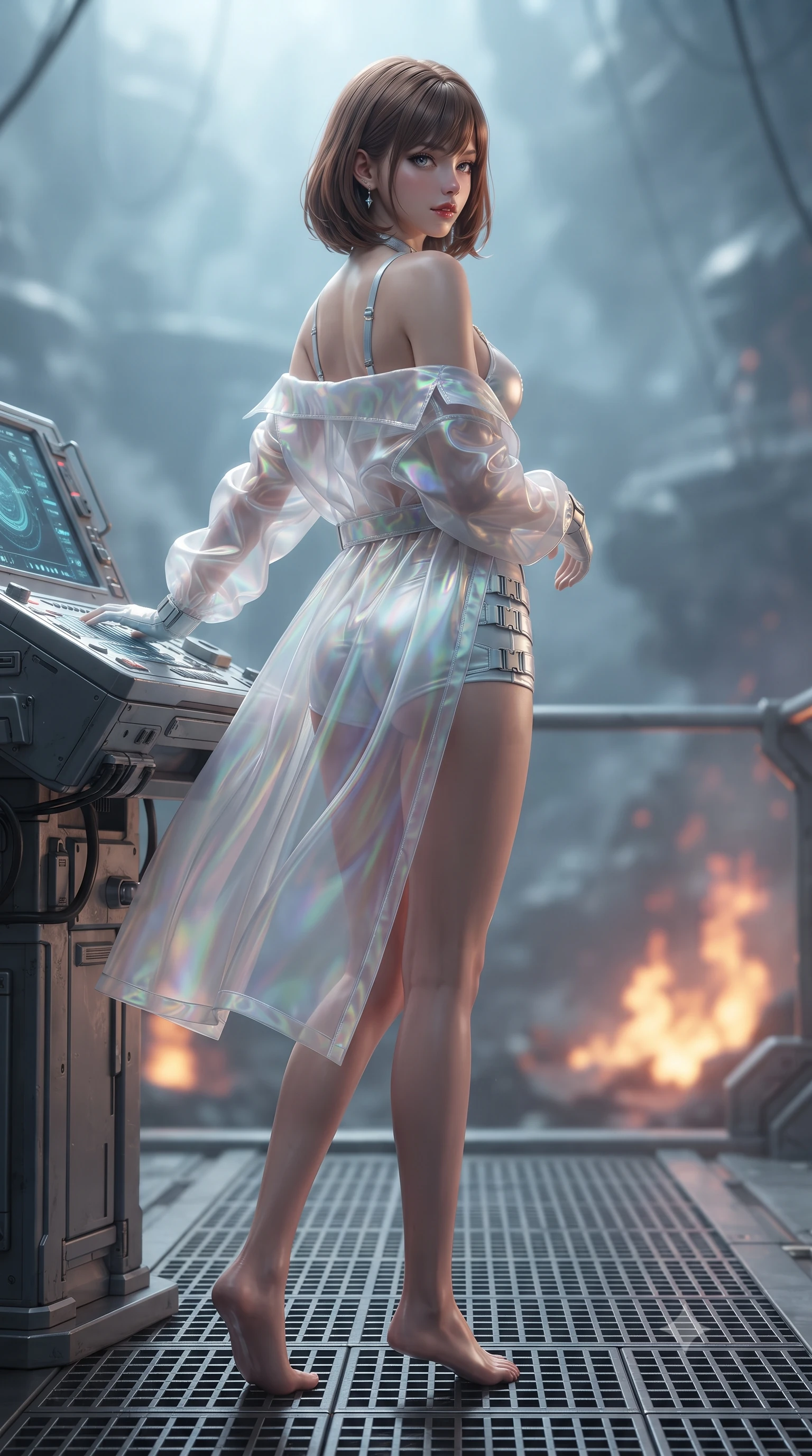 score_9, masterpiece, best quality, ultra-detailed, high-budget anime keyframe, editorial fashion photography, tasteful artistic composition, Caucasian woman. low angle full-body shot from head to toe showing her feet, filling the entire 9:16 vertical frame with her statuesque presence, stretching her vertical silhouette. walking along the terrace with poise, looking back over her bare shoulder with an irresistible smoldering bedroom-gaze while leaning against the titanium sonar console with hips cocked back, looking into the alien abyssal trench illuminated by hydrothermal mineral fires with smoldering bedroom-eyes. The background shows a soft-focus condensing humidity mist softened in Europa abyssal research base shallow focus. She has an exceptionally tall and slender model-like 8.5-heads proportion, an ultra-slim waist, a flat toned midriff, narrow delicate ribcage, and beautifully sculpted feminine hips creating a graceful, slim hourglass silhouette without any bulky heaviness, with impossibly long slender legs. sharp v-shaped jawline, high-bridge nose, intricate jewel-like sparkling eyes with depth, thick eyelashes, glossy parted lips with a natural peach sheen, bright cheerful beaming smile with an enchanting and coquettish sensual glint, exuding both youthful cute charm and seductive allure, flawlessly proportioned anatomical accuracy, strict slender model proportions, natural body alignment, perfectly sculpted long slender limbs, ultra-slim waistline, clean dynamic posture without body distortion. wearing a translucent iridescent organza tactical robe slipping off bare shoulders over a matching satin micro-bralette and combat shorts in solar-sail rainbow diffraction and titanium white, woven from buttery-soft stretch lambskin leather adhering to her body like a second skin, finished with sleek magnetic buckle closures fluttering in the breeze, the glove-like clinging cut tightly following the natural contour of her hips and long slender legs with youthful 8.5-heads elegance. illuminated by acrylic floor reflection bounce and sharp sapphire-cyan rim lights sculpting her razor-sharp jawline, narrow waist, and curvy hips. ultra-reflective glossy finish, specular highlights, rich textural contrasts, high-contrast stereoscopic depth, volumetric dynamic lighting, 2k, ultra detail, master piece, 9:16 ratio