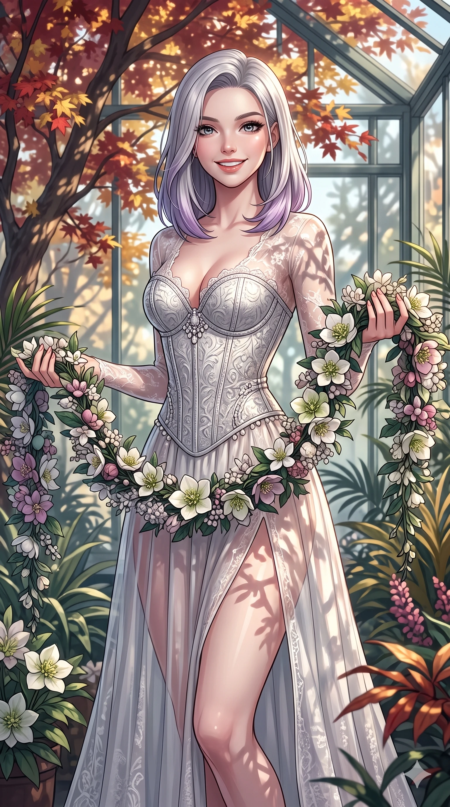 score_9, masterpiece, best quality, ultra-detailed, high-budget anime keyframe, vibrant anime aesthetic, Caucasian woman, strictly human ears. cowboy shot from the thighs up, character and outfit filling the frame for maximum presence. She is holding a flower garland with a joyful winter smile, looking directly at the lens inside a glass atrium filled with winter blossoms (Code-P21-125). She has an absolutely perfect 8-heads proportion, an exceptionally tall and slender female figure with impossibly long slender legs and an ultra-slim waist. V-shaped jawline, high-bridge nose, intricate jewel-like eyes with depth, thick eyelashes, glossy lips with a natural sheen. wearing a semi-opaque sheer lace winter gown with a structured corset bodice and high slit. She is bathed in dappled sunlight filtering through autumn maples, creating organic shadows. 2k, ultra detail, master piece, 9:16 ratio