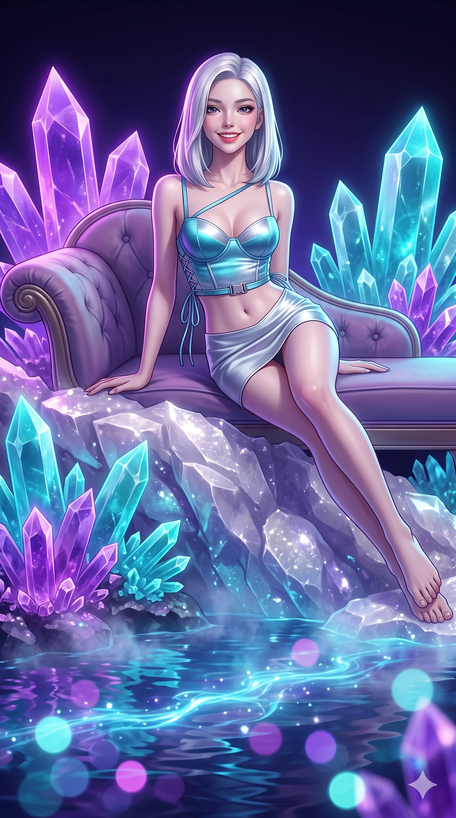 score_9, masterpiece, best quality, ultra-detailed, high-budget anime keyframe, semi-realistic 3D game render, editorial fashion photography, tasteful artistic composition, Korean woman. low angle full-body shot from head to toe showing her feet, filling the entire 9:16 vertical frame with her statuesque presence, stretching her vertical silhouette. reclining gracefully across the plush chaise lounge with one leg extended, her sculpted silhouette and flat midriff radiating magnetic nocturnal glamour while standing poised on the sparkling quartz crystal ledge above the glowing geode pool, arching her back with breathtaking anime heroine charisma as neon ultraviolet crystal facets shimmer. The background shows a soft-focus towering purple amethyst and cyan celestine crystal clusters, phosphorescent water currents, and rising mineral steam blurred into amethyst, neon cyan, and diamond bokeh. She has an exceptionally tall and slender model-like 8.5-heads proportion, an ultra-slim waist, a flat toned midriff, narrow delicate ribcage, and beautifully sculpted feminine hips creating a graceful, slim hourglass silhouette without any bulky heaviness, with impossibly long slender legs. sharp v-shaped jawline, high-bridge nose, intricate jewel-like sparkling eyes with depth, thick eyelashes, glossy parted lips with a natural peach sheen, bright cheerful beaming smile with an enchanting and coquettish sensual glint, exuding both youthful cute charm and seductive allure, flawlessly proportioned anatomical accuracy, strict slender model proportions, natural body alignment, perfectly sculpted long slender limbs, ultra-slim waistline, clean dynamic posture without body distortion. wearing a sculpted satin underwire crop corset with lace-up side ties paired with a low-rise micro skirt in glacial aurora cyan and starlight silver, crafted from fluid liquid silk satin that clings smoothly to her narrow waist and rounded hips with a dewy sheen, finished with sleek magnetic buckle closures fluttering in the breeze, the impeccably tailored cut draping gracefully along her slender figure with aristocratic poise. illuminated by pool surface reflection bounce and sharp neon-violet rim lights sculpting her jawline, narrow waist, and curvy hips. highly saturated vibrant anime colors, detailed shading with soft gradients, rich glossy textures, high-contrast stereoscopic depth, volumetric dynamic lighting, master piece, 9:16 ratio