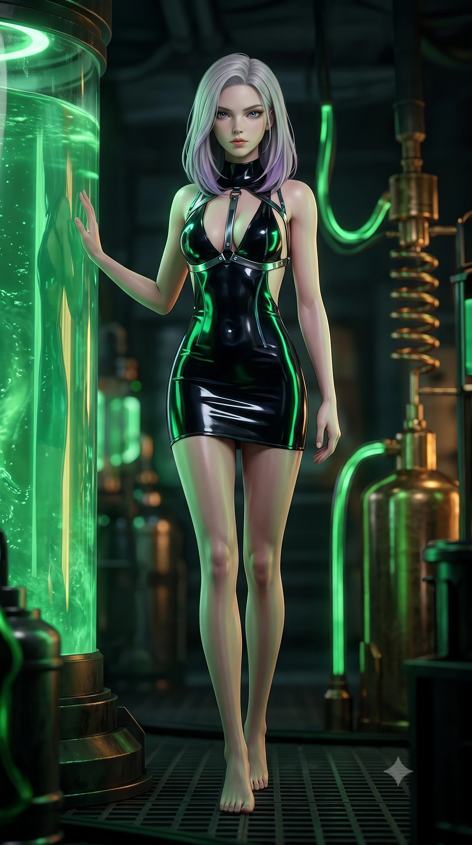 score_9, masterpiece, best quality, ultra-detailed, high-budget anime keyframe, semi-realistic 3D game render, editorial fashion photography, tasteful artistic composition, Caucasian woman. low angle full-body shot from head to toe showing her feet, filling the entire 9:16 vertical frame with her statuesque presence, stretching her vertical silhouette. striding forward in a proud, statuesque motion with a dangerous smolder, hips swaying with fierce allure, dominating the frame from head to toe while resting one hand on the glass wall of a glowing green bioluminescent stasis vat inside a shadowy underground laboratory. The composition keeps background elements in soft focus with creamy bokeh. glowing green bio-fluid tubes and brass condenser coils blurred into moody emerald and amber bokeh. She has an absolutely perfect, statuesque 8.5-heads proportion, an exceptionally tall and slender model-like female figure with impossibly long slender legs, a toned flat midriff, and an ultra-slim waist. sharp v-shaped jawline, high-bridge nose, intricate jewel-like eyes with depth, thick eyelashes, glossy lips with a natural sheen, flawlessly proportioned anatomical accuracy, strict slender model proportions, natural body alignment, perfectly sculpted long slender limbs, ultra-slim waistline, clean dynamic posture without body distortion. wearing a second-skin midnight black latex mini dress with a dramatic open-back design wrapping around her waist and a plunging neckline in high-gloss lacquer black and electric emerald highlights, formed from high-gloss patent material with specular chiaroscuro reflections, reinforced by a sleek metallic chrome harness and delicate dark glowing micro-straps, the form-contouring material adhering flawlessly to her sculpted flat midriff and slender torso, emphasizing her long leg lines and perfectly proportioned willowy build. surrounded by a mysterious, forbidden, and captivatingly dangerous dark-science atmosphere. rich saturated anime colors with deep moody shadows, detailed chiaroscuro shading with soft gradients, rich glossy textures, high-contrast stereoscopic depth, volumetric dynamic shadow lighting, master piece, 9:16 ratio