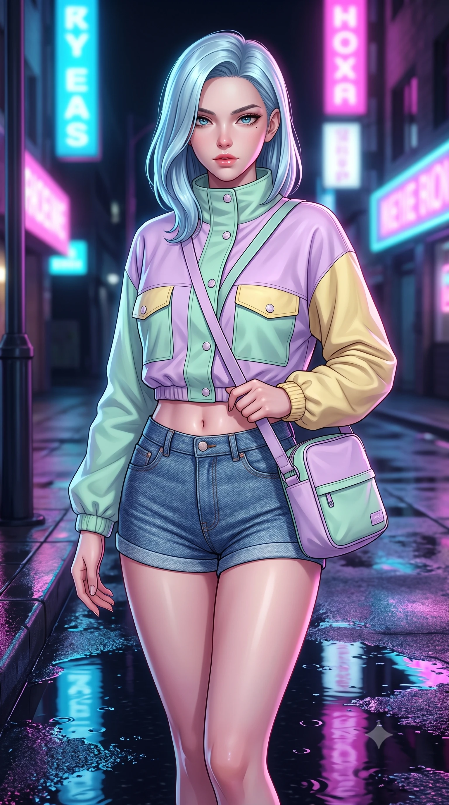 score_9, masterpiece, best quality, ultra-detailed, high-budget anime keyframe, semi-realistic 3D game render, editorial fashion photography, tasteful artistic composition, Korean woman. close-up cowboy shot from the waist and thighs up, the character dominates the composition, filling the frame with her large presence. radiating intense magnetic charisma with jewel-like eyes locked onto the viewer, her upper body turning in a dynamic, fluid S-curve while twirling on the wet sidewalk corner as neon reflection puddles create mirror images of her slender silhouette. The surrounding environment is rendered in vivid detail and crisp panoramic clarity. emotional cinematic chiaroscuro and nostalgic 90s urban romance aesthetics captured with precision. She has an exceptionally elegant, slender, and willowy female figure with an ultra-slim waist, a gracefully sculpted slender torso, toned flat midriff, and a refined slim silhouette. sharp v-shaped jawline, high-bridge nose, intricate jewel-like eyes with depth, thick eyelashes, glossy lips with a natural sheen, captivating and magnetic expression, flawlessly proportioned anatomical accuracy, strict slender model proportions, natural body alignment, perfectly sculpted long slender limbs, ultra-slim waistline, clean dynamic posture without body distortion. wearing a retro pastel colorblock windbreaker paired with high-waisted denim shorts and a canvas crossbody bag in pastel lilac and mint green, tailored from fine British wool tweed and comfortable stretch cotton, finished with polished mother-of-pearl buttons and tailored flap pockets, the form-contouring material adhering flawlessly to her sculpted flat midriff and slender torso, emphasizing her long leg lines and perfectly proportioned willowy build. illuminated by soft glowing highlights defining her delicate features, glossy lips, and slender torso. highly saturated vibrant anime colors, detailed shading with soft gradients, rich glossy textures, high-contrast stereoscopic depth, volumetric dynamic lighting, master piece, 9:16 ratio