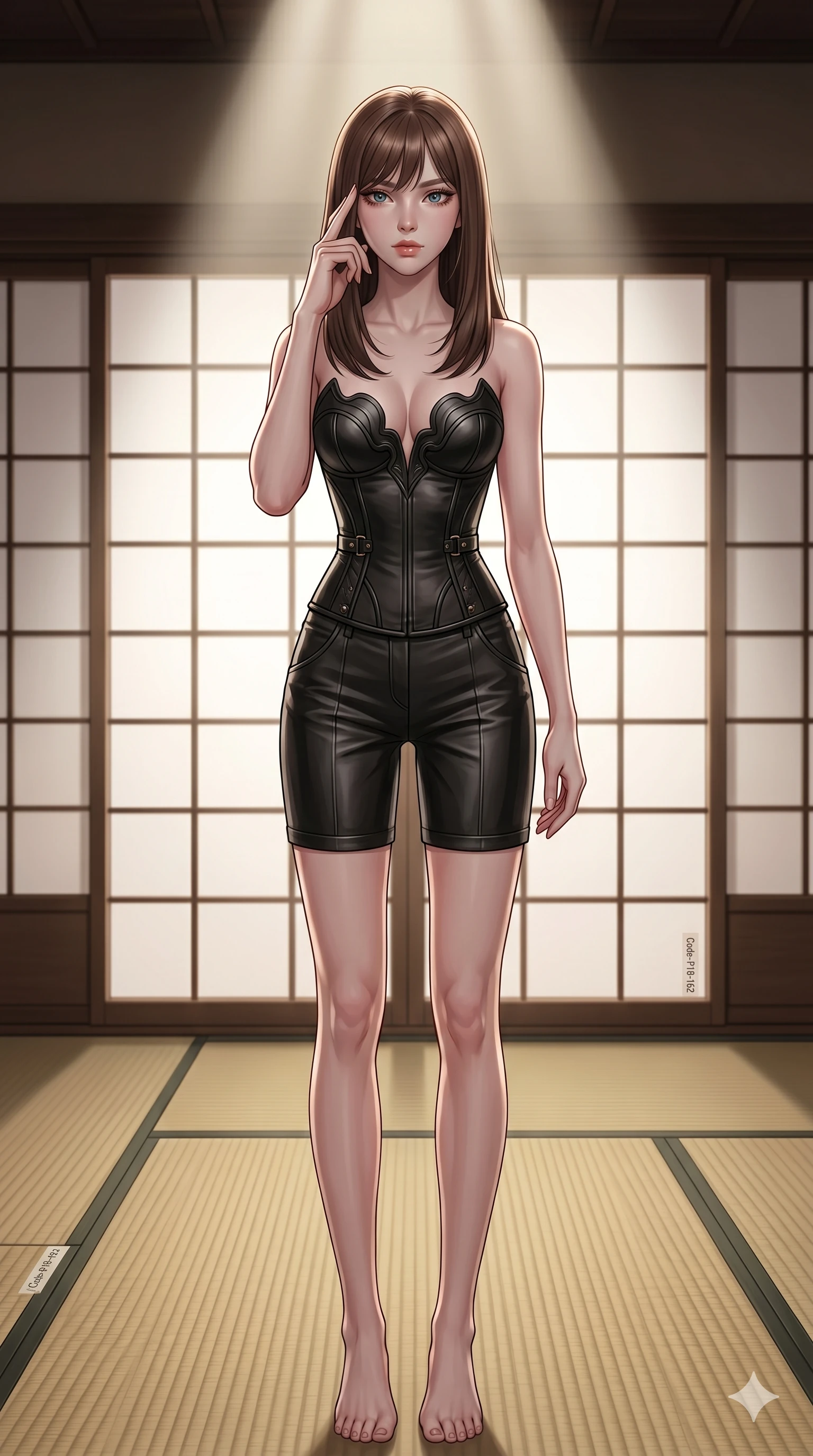 score_9, masterpiece, best quality, ultra-detailed, high-budget anime keyframe, editorial fashion photography, tasteful artistic composition, Korean woman. cowboy shot from the thighs up, character and outfit filling the frame for maximum editorial presence. pressing two fingers to her temple in a composed gesture in a traditional Japanese tatami tea room with sliding paper screens (Code-P18-162). She has an absolutely perfect 8-heads proportion, an exceptionally tall and slender female figure with impossibly long slender legs and an ultra-slim waist. V-shaped jawline, high-bridge nose, intricate jewel-like eyes with depth, thick eyelashes, glossy lips with a natural sheen. wearing a leather structured bodice with sweetheart neckline revealing her sculpted contours. dramatic theater spotlights from above, outlining her tall slender figure and waist. 2k, ultra detail, master piece, 9:16 ratio