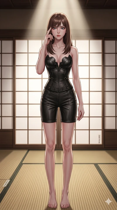 score_9, masterpiece, best quality, ultra-detailed, high-budget anime keyframe, editorial fashion photography, tasteful artistic composition, Korean woman. cowboy shot from the thighs up, character and outfit filling the frame for maximum editorial p