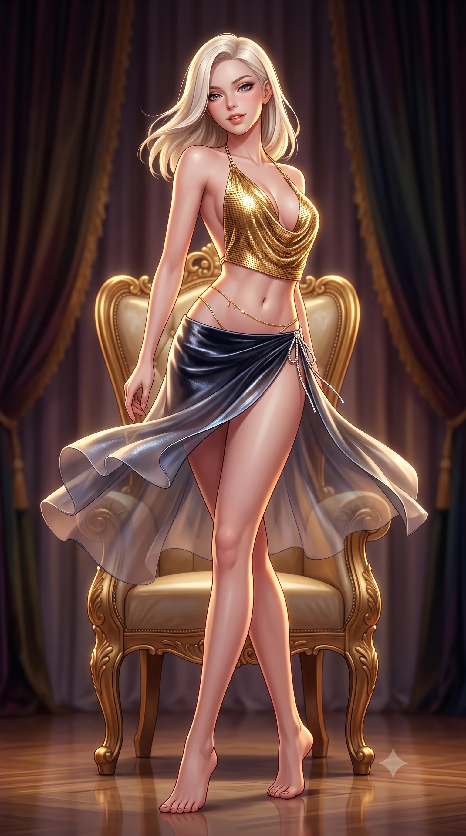 score_9, masterpiece, best quality, ultra-detailed, high-budget anime keyframe, semi-realistic 3D game render, editorial fashion photography, tasteful artistic composition, Caucasian woman. low angle full-body shot from head to toe showing her feet, filling the entire 9:16 vertical frame with her statuesque presence, stretching her vertical silhouette. executing a slow, graceful pivot turn as her skirt sways around her slender legs, glancing back with an enchanting, teasing sensual expression while leaning back against the gilded high-backed salon chair with hips cocked back, flashing an alluring, victorious parted-lip smile. The background shows a soft-focus heavy velvet salon portières softened in elite high-stakes shallow focus. She has an absolutely perfect, statuesque 8.5-heads proportion, an exceptionally tall and slender model-like female figure with impossibly long slender legs, an ultra-slim waist, a flat toned midriff, narrow delicate ribcage, and beautifully sculpted feminine hips creating a graceful, slim hourglass silhouette without any bulky heaviness. sharp v-shaped jawline, high-bridge nose, sparkling eyes with hypnotic seductive depth, thick curled eyelashes, glossy parted lips with a natural dewy peach sheen, alluring bedroom-eyes with an enchanting coquettish smile, exuding magnetic siren charisma and sophisticated glamour, flawlessly proportioned anatomical accuracy, strict slender model proportions, natural body alignment, perfectly sculpted long slender limbs, ultra-slim waistline, clean dynamic posture without body distortion. wearing a plunging cowl-neck liquid gold chainmail halter top paired with an ultra-low-rise velvet mini skirt and side rhinestone ties in molten liquid platinum and midnight charcoal with sapphire reflections, made of sheer gossamer chiffon that drapes softly against skin with airy translucence, accented with a dainty gold belly chain resting across her flat midriff and curving hips, the second-skin tailored fabric adhering flawlessly to her sculpted flat midriff and slender torso, emphasizing her long leg lines and perfectly proportioned willowy build. illuminated by polished table lacquer bounce and sharp warm-gold rim lights sculpting her jawline, flat midriff, and voluptuous hip curves. highly saturated vibrant anime colors, detailed shading with soft gradients, rich glossy textures, high-contrast stereoscopic depth, volumetric dynamic lighting, master piece, 9:16 ratio