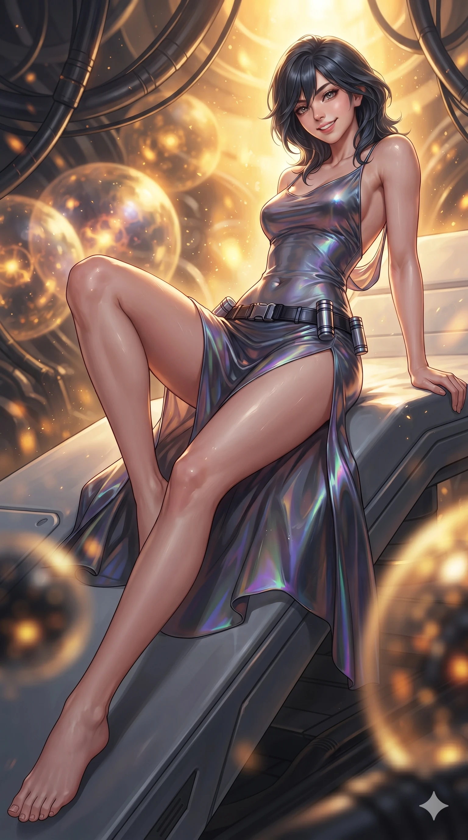 score_9, masterpiece, best quality, ultra-detailed, high-budget anime keyframe, editorial fashion photography, tasteful artistic composition, Caucasian woman. low angle full-body shot from head to toe showing her feet, filling the entire 9:16 vertical frame with her statuesque presence, stretching her vertical silhouette. reclining gracefully across the anti-gravity daybed with one leg extended, her sculpted silhouette and flat midriff radiating magnetic futuristic glamour while twisting her slender torso in an alluring S-curve between high-pressure conduits, radiant core illumination tracing her flat midriff and hourglass curves. The background shows a soft-focus pulsing spherical plasma containment fields, drifting cooling mist, and glowing telemetry arrays blurred into fiery gold, amber, and obsidian bokeh. She has an absolutely perfect, statuesque 8.5-heads proportion, an exceptionally tall and slender model-like female figure with impossibly long slender legs, an ultra-slim waist, a flat toned midriff, narrow delicate ribcage, and beautifully sculpted feminine hips creating a graceful, slim hourglass silhouette without any bulky heaviness. sharp v-shaped jawline, high-bridge nose, intricate jewel-like sparkling eyes with depth, thick eyelashes, glossy parted lips with a natural sheen, bright confident smile with an enchanting and coquettish sensual glint, exuding both youthful magnetic charm and sovereign high-tech allure, flawlessly proportioned anatomical accuracy, strict slender model proportions, natural body alignment, perfectly sculpted long slender limbs, ultra-slim waistline, clean dynamic posture without body distortion. wearing a form-contouring gossamer cyber-chiffon flight slip with a hip-high slit and open cowl back clinging with dewy moisture in iridescent dark chrome and holographic violet, crafted from translucent high-gloss aerospace polymer with an internal crystalline sheen, accented with a sleek utility belt with polished magnetic canisters resting loosely on her curvy hips, the form-contouring cut accentuating her sculpted flat midriff, narrow delicate ribcage, and gracefully curvy hips with cybernetic supermodel precision. bathed in the blinding warm golden radiance of the magnetic fusion core with dynamic volumetric heat shimmers. ultra-reflective glossy finish, specular highlights, rich textural contrasts, high-contrast stereoscopic depth, volumetric dynamic lighting, 2k, ultra detail, master piece, 9:16 ratio