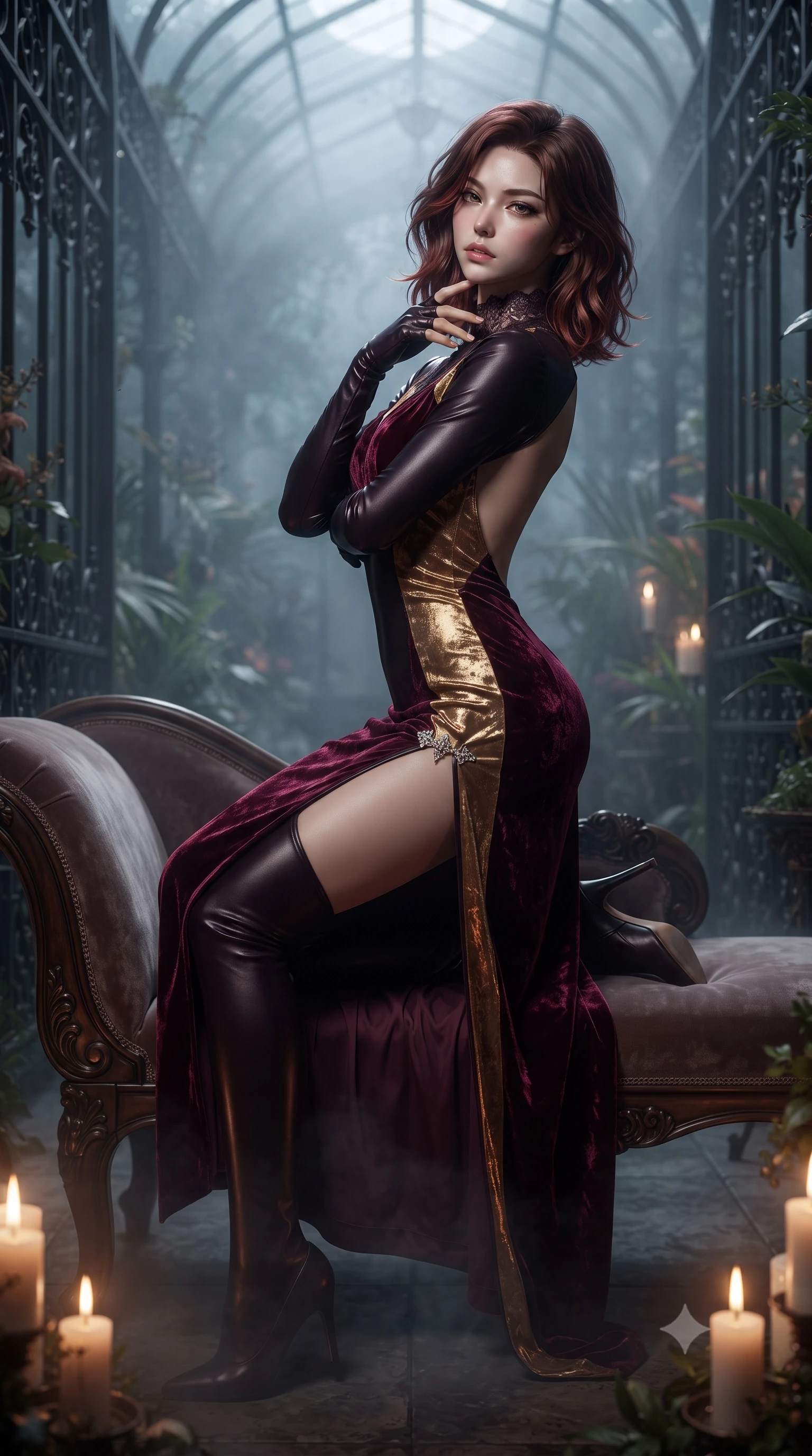 score_9, masterpiece, best quality, ultra-detailed, high-budget anime keyframe, editorial fashion photography, tasteful artistic composition, Korean woman. low angle full-body shot from head to toe showing her feet, filling the entire 9:16 vertical frame with her statuesque presence, stretching her vertical silhouette. reclining back languidly with one knee bent and spine arched in a breathtaking dancer line, commanding the entire 9:16 vertical frame while slipping through the misty glasshouse corridor with predatory grace, fingers lightly tracing her bare throat. The surrounding environment is rendered in vivid detail and crisp panoramic clarity. high-contrast gothic romance chiaroscuro and atmospheric Victorian architecture rendered with precision. She has an absolutely perfect, statuesque 8.5-heads proportion, an exceptionally tall and slender model-like female figure with impossibly long slender legs, a toned flat midriff, and an ultra-slim waist. sharp v-shaped jawline, high-bridge nose, intricate jewel-like eyes with depth, thick eyelashes, glossy parted lips with a natural sheen, intensely captivating and seductive expression, flawlessly proportioned anatomical accuracy, strict slender model proportions, natural body alignment, perfectly sculpted long slender limbs, ultra-slim waistline, clean dynamic posture without body distortion. wearing a second-skin midnight leather catsuit featuring an open back and delicate lace-patterned collar in deep royal wine burgundy and liquid gold, crafted from heavyweight crushed silk velvet with liquid luster, finished with an ultra-high side slit secured by miniature jeweled clasps, the glove-like aerodynamic second-skin fit tightly clinging to her ultra-slender waist and feminine curves without adding bulk. bathed in cold lunar moonlight from above and warm flickering candle uplights from below. ultra-reflective glossy finish, specular highlights, rich textural contrasts, high-contrast stereoscopic depth, volumetric dynamic lighting, 2k, ultra detail, master piece, 9:16 ratio