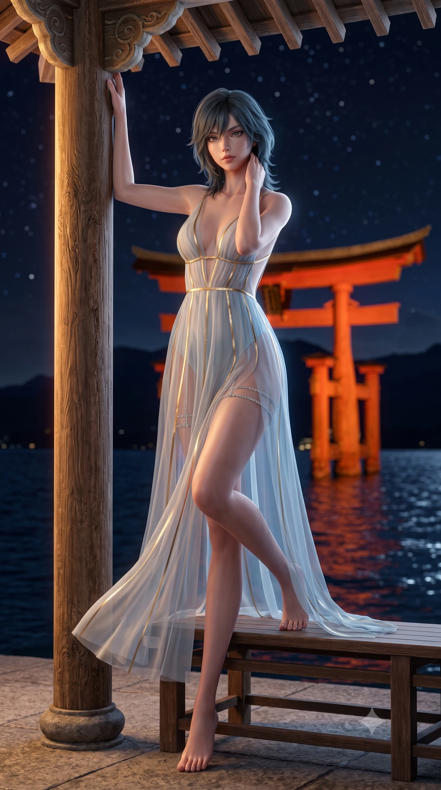 score_9, masterpiece, best quality, ultra-detailed, high-budget anime keyframe, semi-realistic 3D game render, editorial fashion photography, tasteful artistic composition, Caucasian woman. low angle full-body shot from head to toe showing her feet, filling the entire 9:16 vertical frame with her statuesque presence, stretching her vertical silhouette. standing tall beside the architectural column, one hand resting high while arching her lower back to emphasize her sculpted feminine hips and slender waist while sitting gracefully on the pavilion bench with legs crossed, running one manicured hand slowly down her neck with teasing seductive charm. The background shows a soft-focus great floating Torii gate illuminated in vermilion floodlight against dark water, silhouettes of sacred Mount Misen, and starry sky blurred into vermilion, sapphire, and gold bokeh. She has an exceptionally tall and slender model-like 8.5-heads proportion, an ultra-slim waist, a flat toned midriff, narrow delicate ribcage, and beautifully sculpted feminine hips creating a graceful, slim hourglass silhouette without any bulky heaviness, with impossibly long slender legs. sharp v-shaped jawline, high-bridge nose, intricate jewel-like sparkling eyes with depth, thick eyelashes, glossy parted lips with a natural peach sheen, bright cheerful beaming smile with an enchanting and coquettish sensual glint, exuding both youthful cute charm and seductive allure, flawlessly proportioned anatomical accuracy, strict slender model proportions, natural body alignment, perfectly sculpted long slender limbs, ultra-slim waistline, clean dynamic posture without body distortion. wearing a plunge-front sheer illusion tulle slip dress with liquid gold ribbon stripes hugging her curves in Tromsø icy arctic blue and frosted platinum, made of sheer gossamer chiffon that drapes softly against skin with airy translucence, finished with delicate crystal-encrusted thigh garter straps glinting in the dim light, the precision-cut side openings and low-back scoop framing her graceful spine and the sensual sweep of her slim, toned hips. bathed in the golden-and-vermilion architectural floodlights of the Torii gate mixed with cool silver moonlit sea fill. highly saturated vibrant anime colors, detailed shading with soft gradients, rich glossy textures, high-contrast stereoscopic depth, volumetric dynamic lighting, master piece, 9:16 ratio