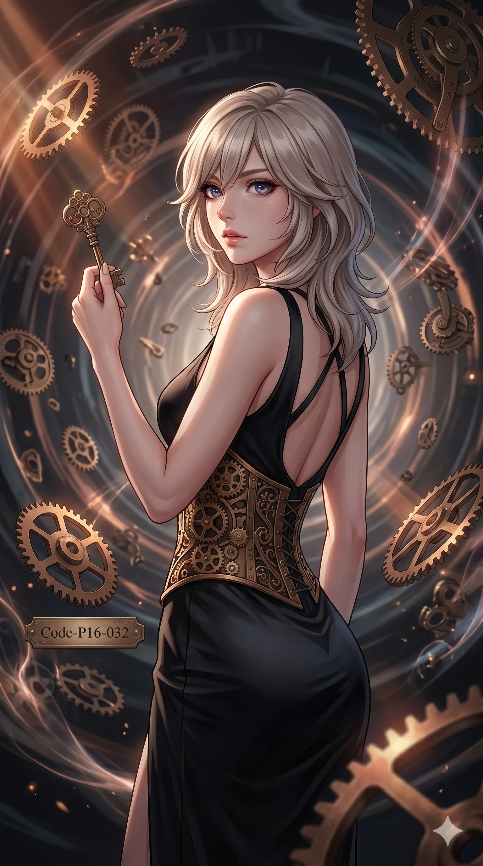 score_9, masterpiece, best quality, ultra-detailed, high-budget anime keyframe, editorial fashion photography, tasteful artistic composition, Japanese woman. cowboy shot from the thighs up, character and outfit filling the frame for maximum editorial presence. holding a vintage clockwork key, looking past the camera with a thoughtful, focused expression inside a temporal rift corridor with floating clockwork gears (Code-P16-032). She has an absolutely perfect 8-heads proportion, an exceptionally tall and slender female figure with impossibly long slender legs and an ultra-slim waist. V-shaped jawline, high-bridge nose, intricate jewel-like eyes with depth, thick eyelashes, glossy lips with a natural sheen. wearing a structured bronze gear corset over a black silk dress with a scooped open back. amber and copper light rays refracting through the gears, creating deep dramatic shadows. 2k, ultra detail, master piece, 9:16 ratio
